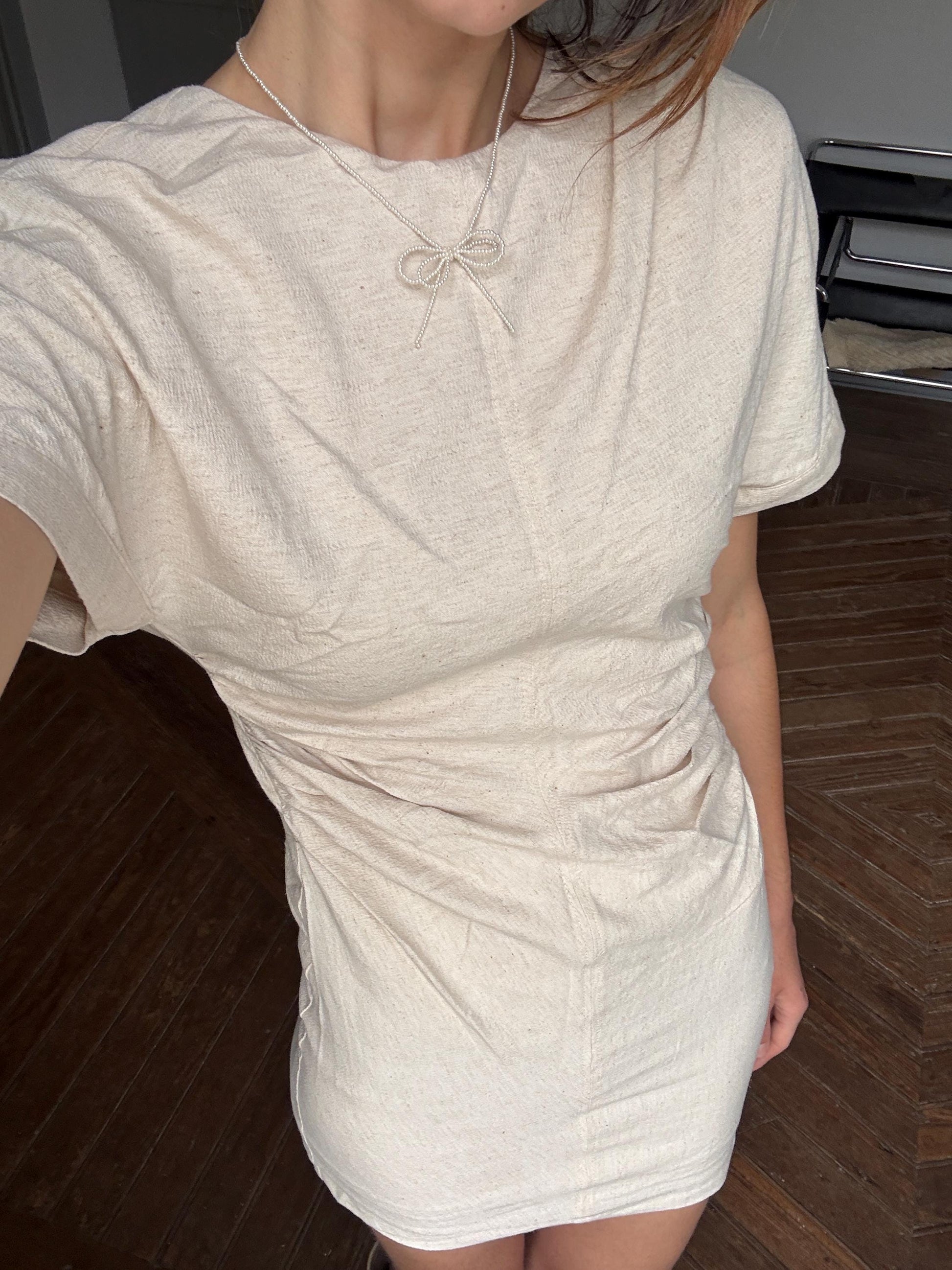 Modern mini dress with open back twisted rope detail earthy neutral summer look, Size S