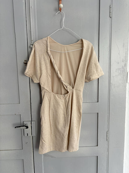 Modern mini dress with open back twisted rope detail earthy, Size S