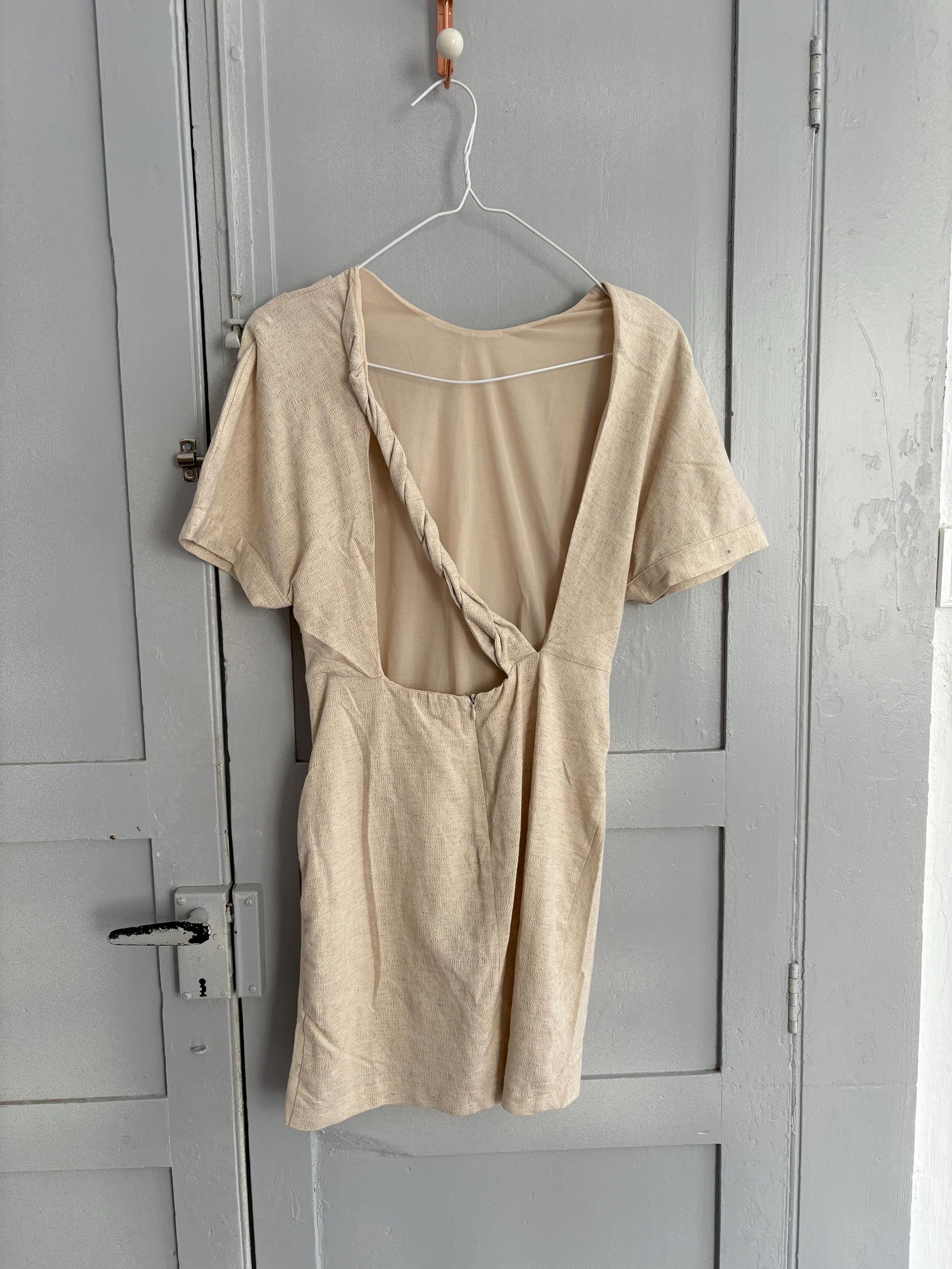 Modern mini dress with open back twisted rope detail earthy neutral summer look, Size S