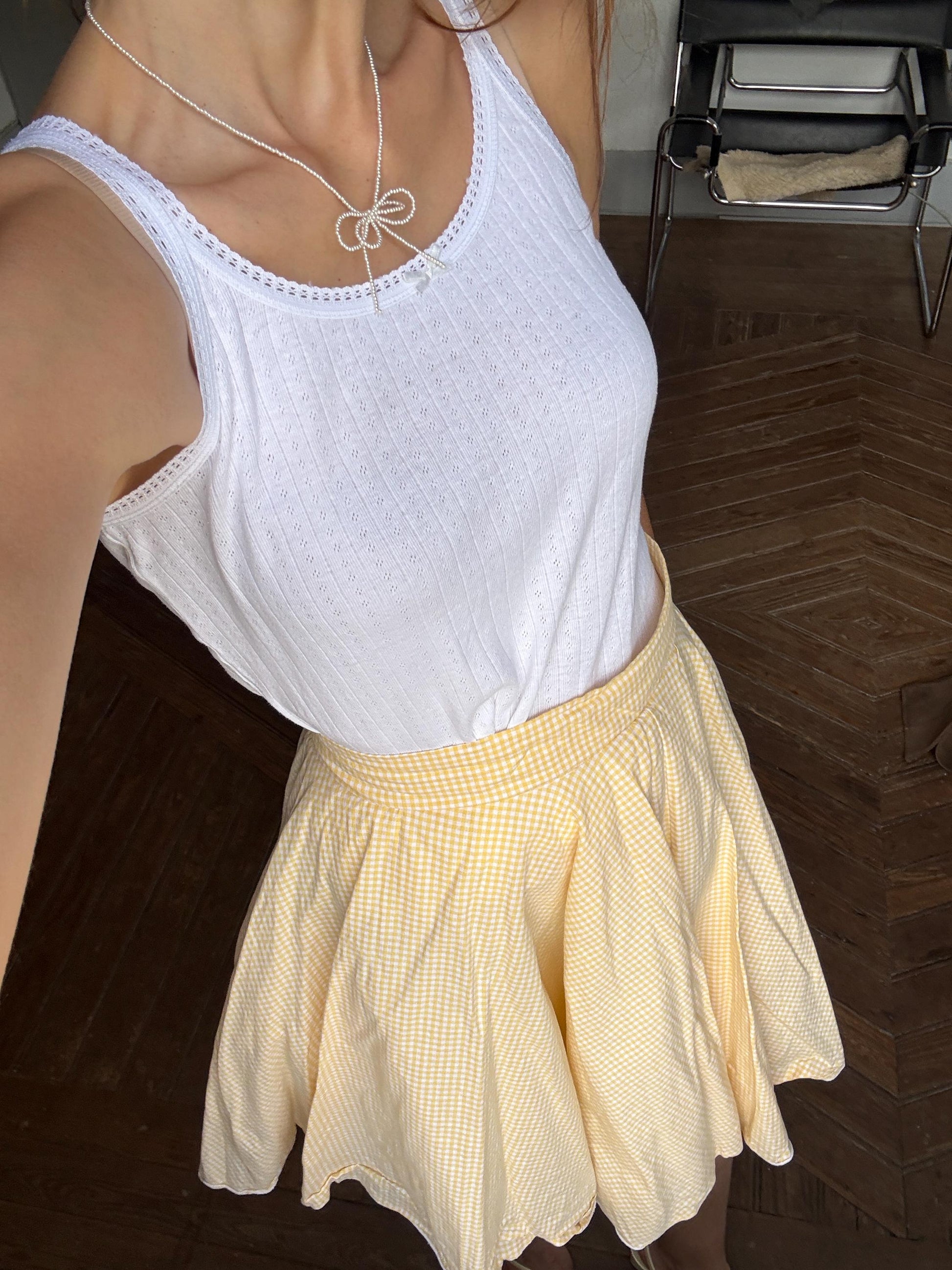 Vintage yellow cottage core mini skirt picnic checkered pattern wedding guest summer party volume zipper closure