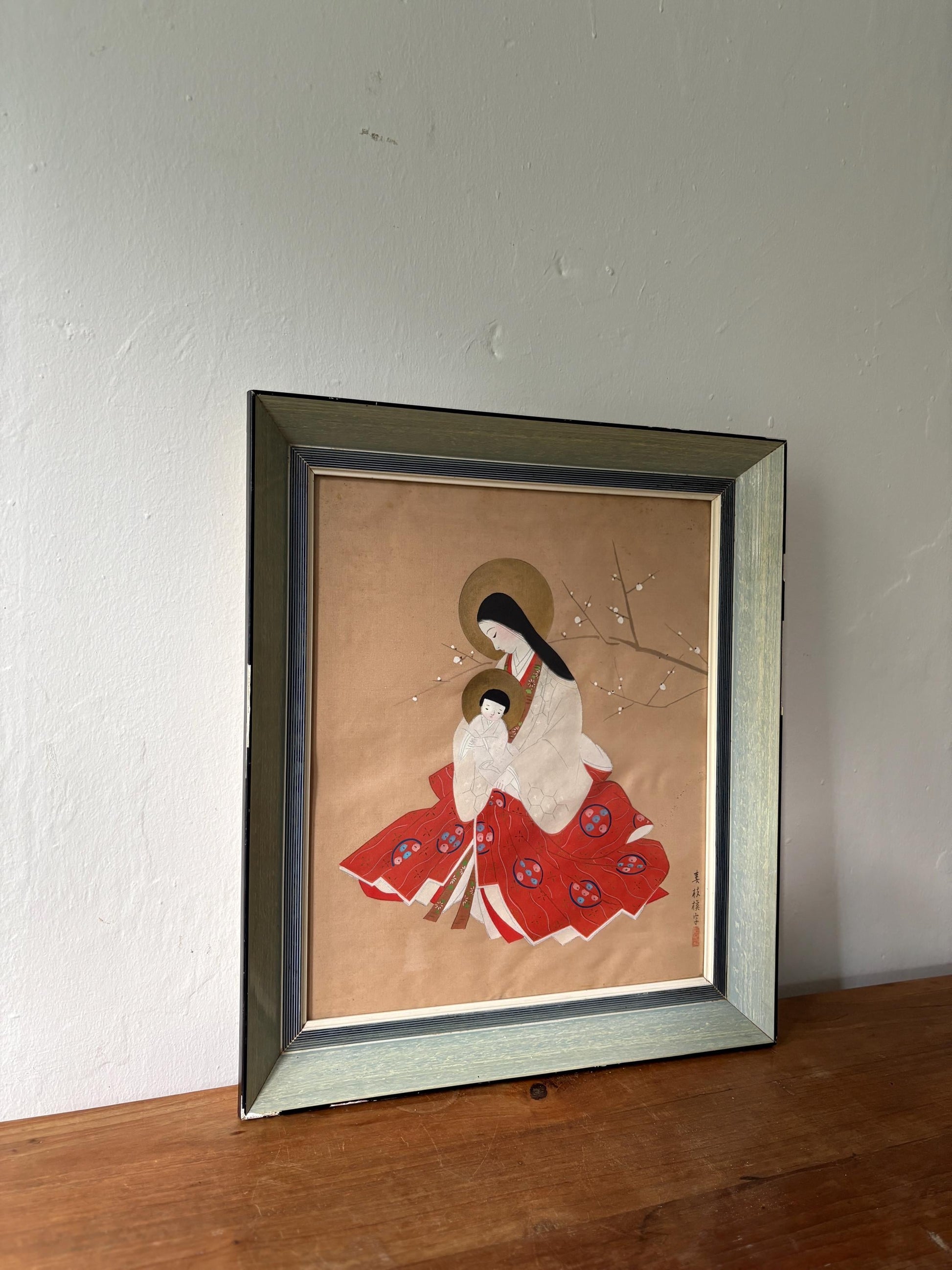 Vintage Japanese Madonna & Child art work with Plum Blossoms – Framed or Unframed Option