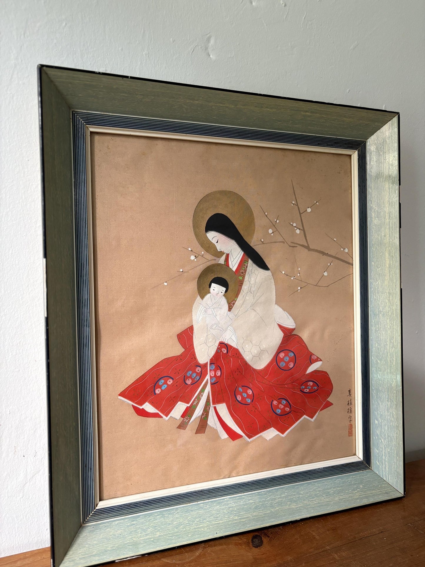 Vintage Japanese Madonna & Child art work with Plum Blossoms – Framed or Unframed Option