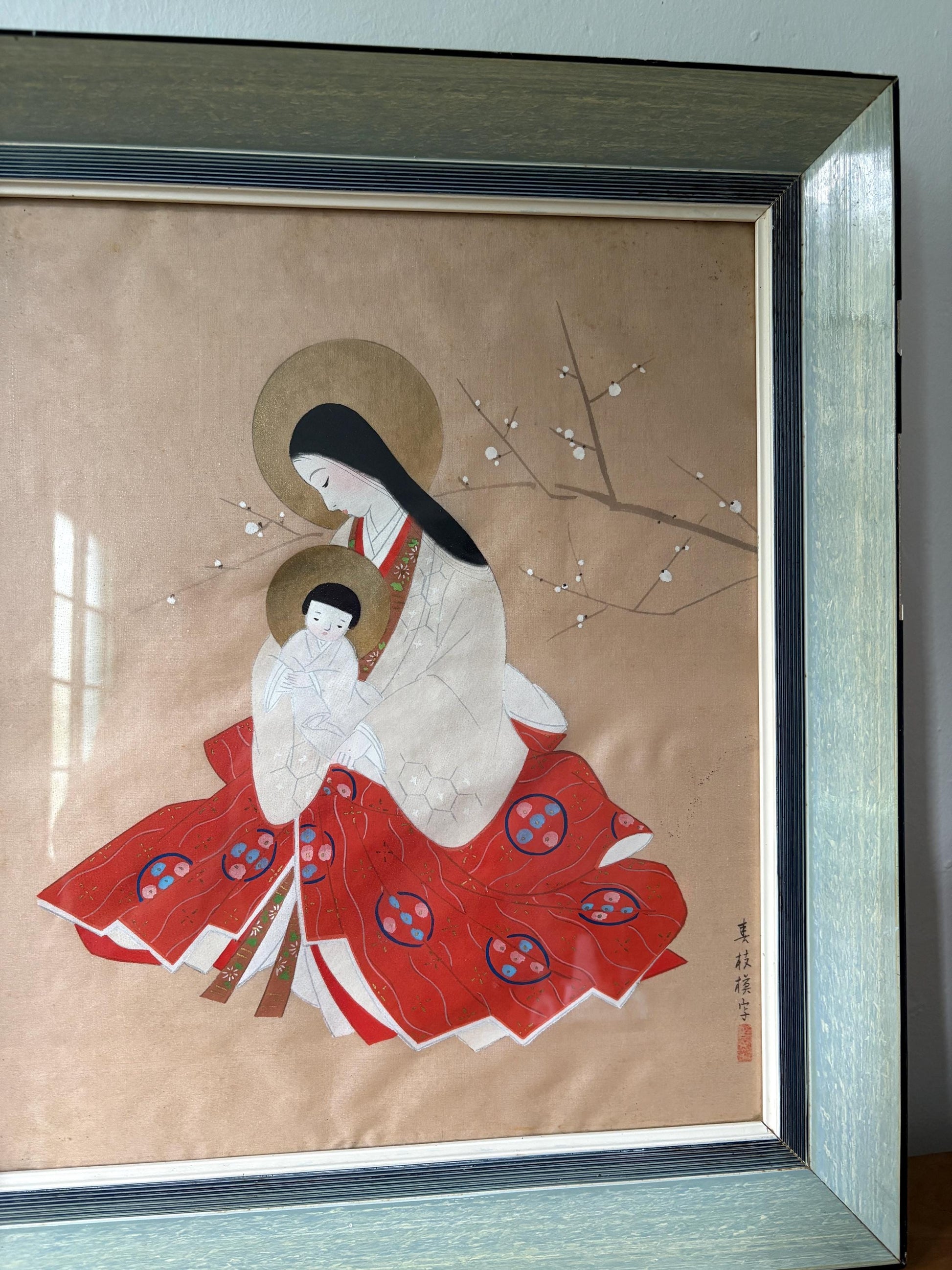 Vintage Japanese Madonna & Child art work with Plum Blossoms – Framed or Unframed Option