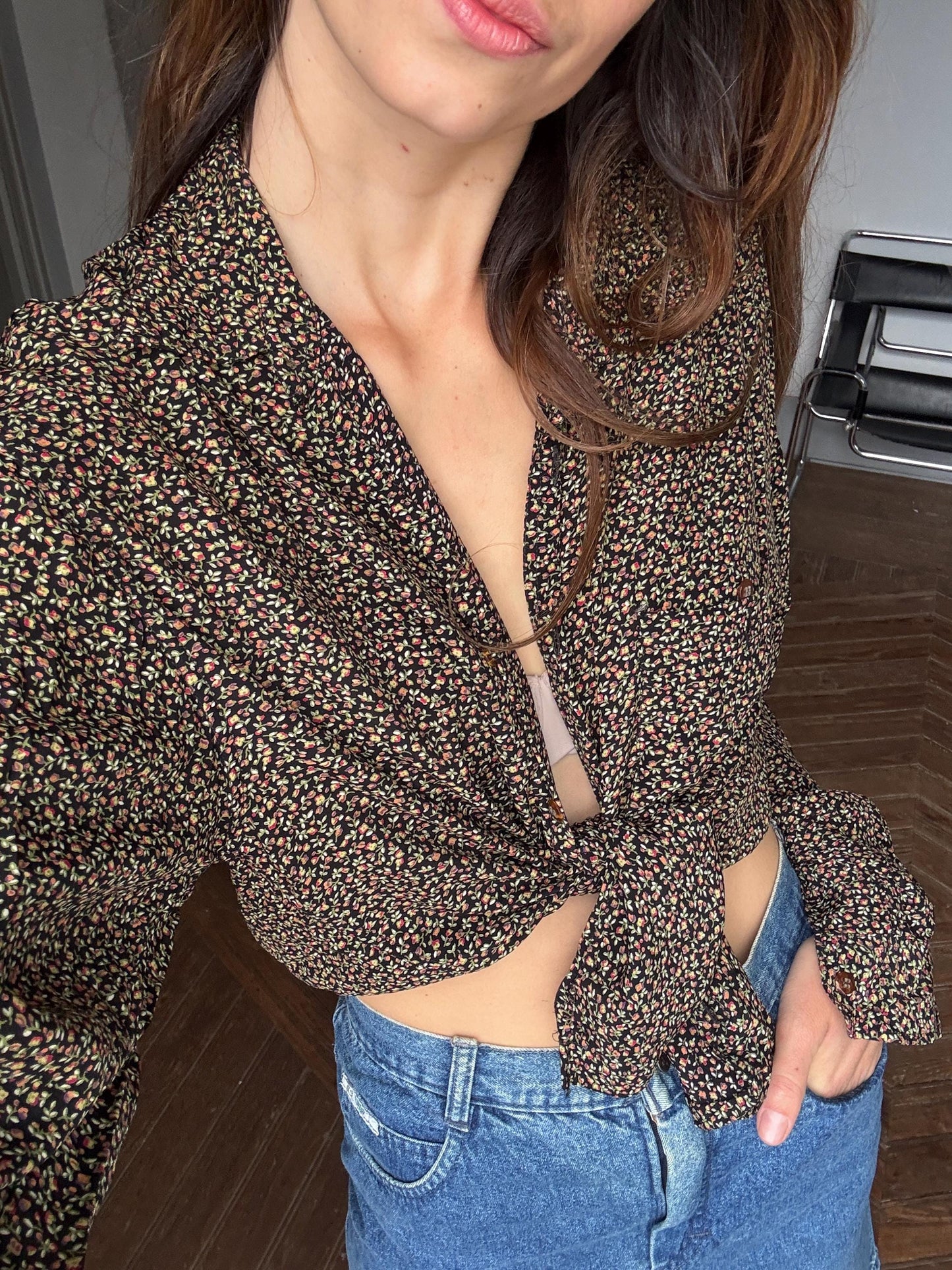 Vintage Floral Button-Up Blouse – 90s Cottagecore, Parisian Chic, Oversized Fit, Size L-XL