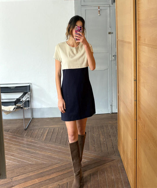 Luxury vintage UTERQÜE colorblock dress, beige black XL short sleeve dress, Designer minimalist chic outfit, retro office dinner style