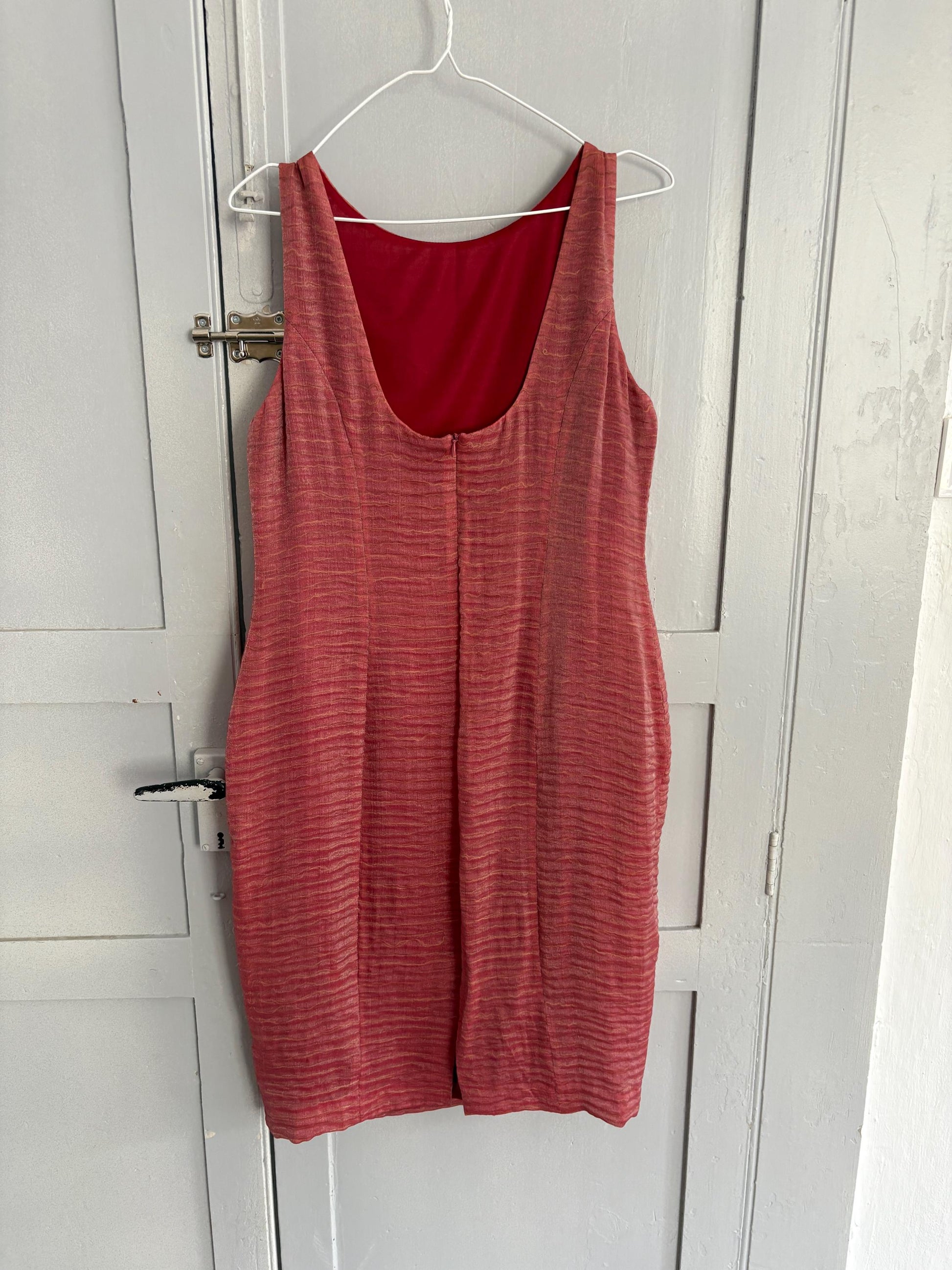 Vintage pink red elegant formal dress, Minimalist modern fit outfit, Luxury Spanish design dress, Simple textured one of a kind woman dress