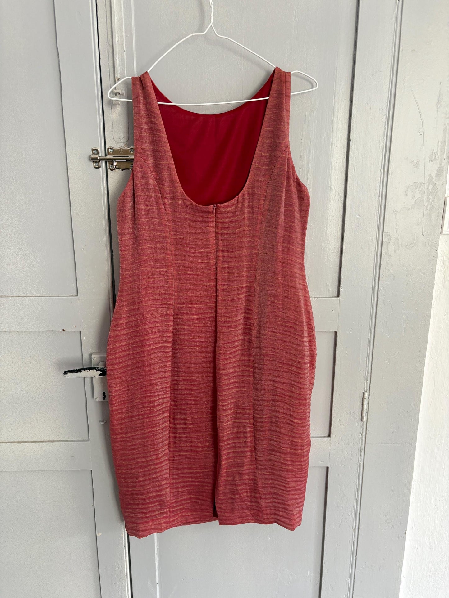 Vintage pink red elegant formal dress, Minimalist modern fit outfit, Luxury Spanish design dress, Simple textured one of a kind woman dress