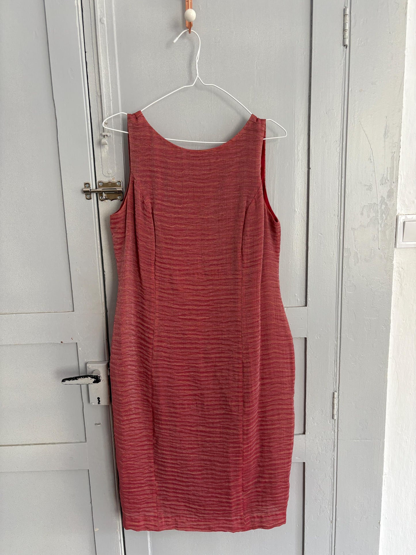 Vintage pink red elegant formal dress, Minimalist modern fit outfit, Luxury Spanish design dress, Simple textured one of a kind woman dress