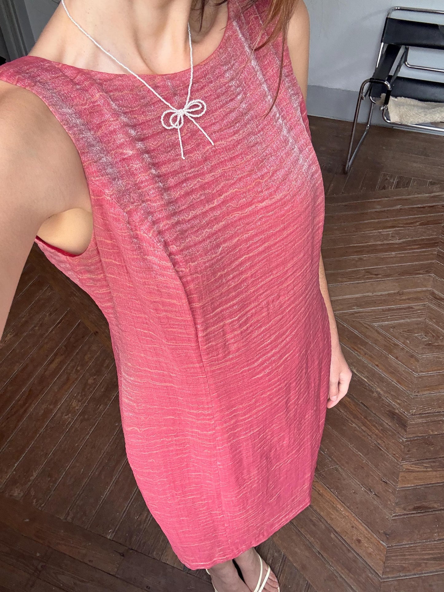 Vintage pink red elegant formal dress, Minimalist modern fit outfit, Luxury Spanish design dress, Simple textured one of a kind woman dress