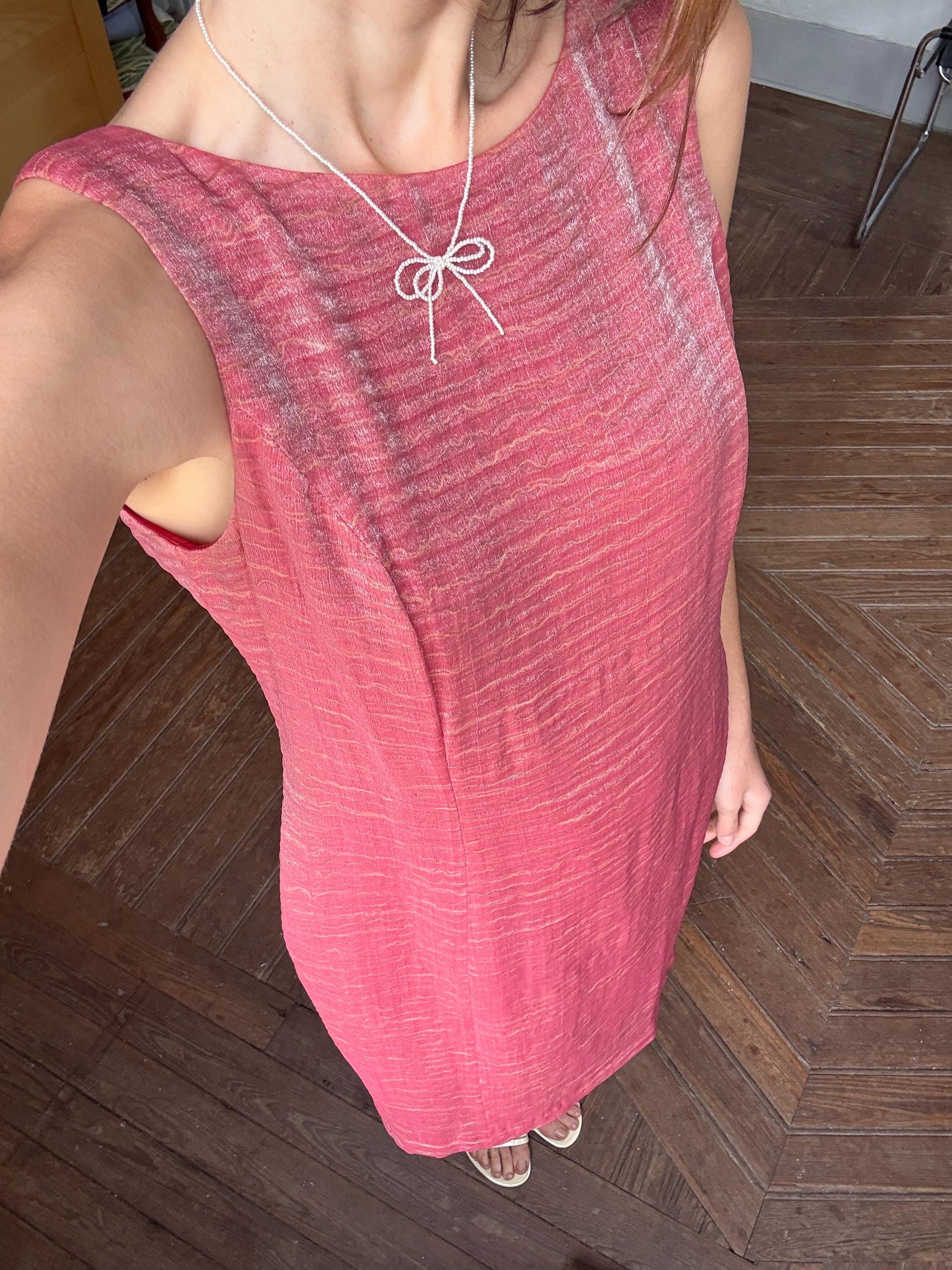 Vintage pink red elegant formal dress, Minimalist modern fit outfit, Luxury Spanish design dress, Simple textured one of a kind woman dress