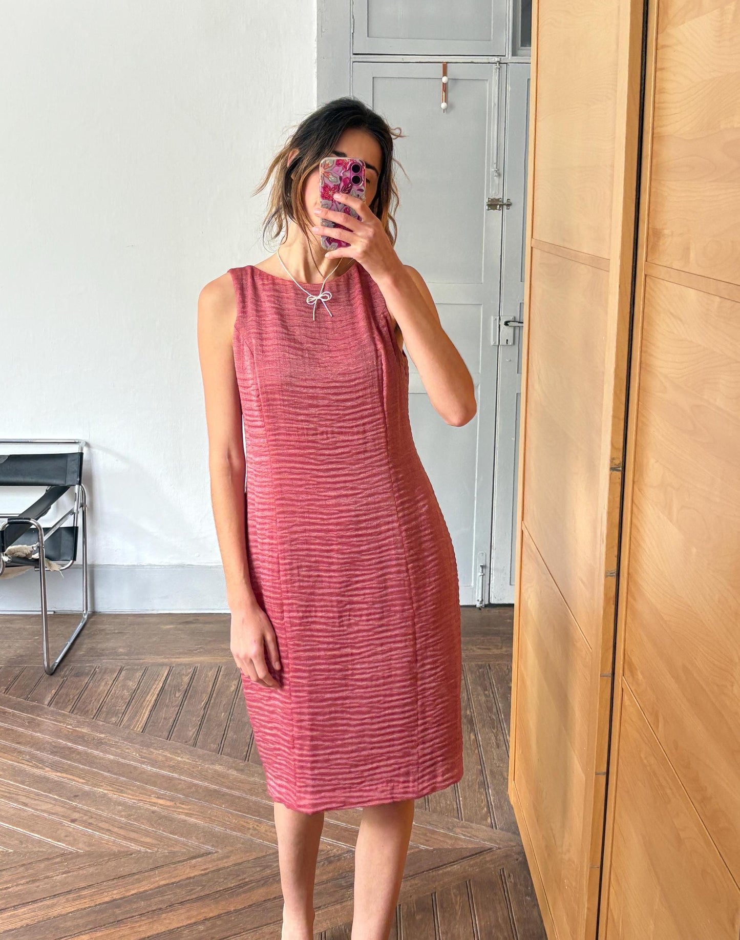 Vintage pink red elegant formal dress, Minimalist modern fit outfit, Luxury Spanish design dress, Simple textured one of a kind woman dress