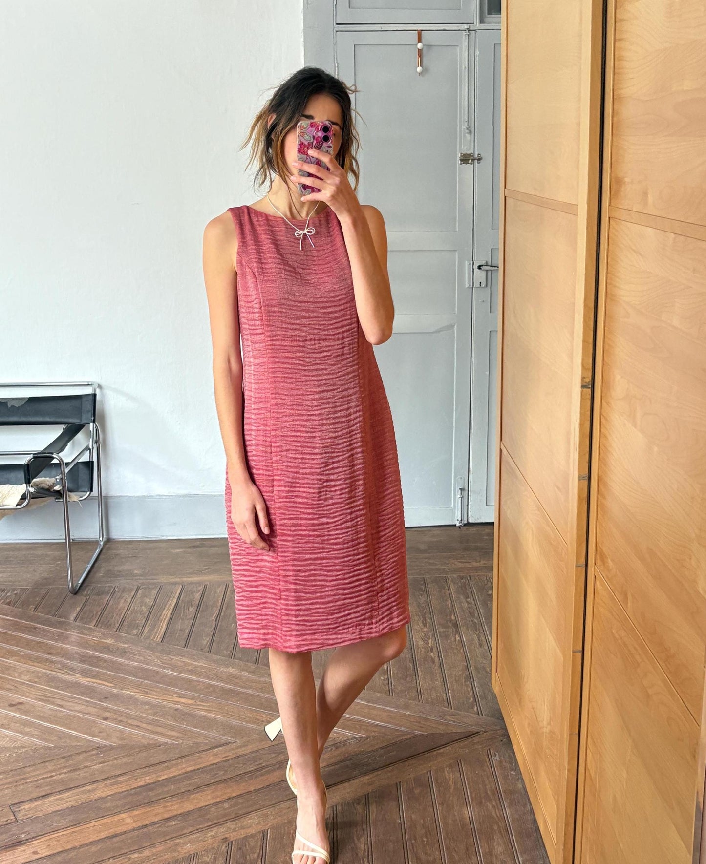 Vintage pink red elegant formal dress, Minimalist modern fit outfit, Luxury Spanish design dress, Simple textured one of a kind woman dress