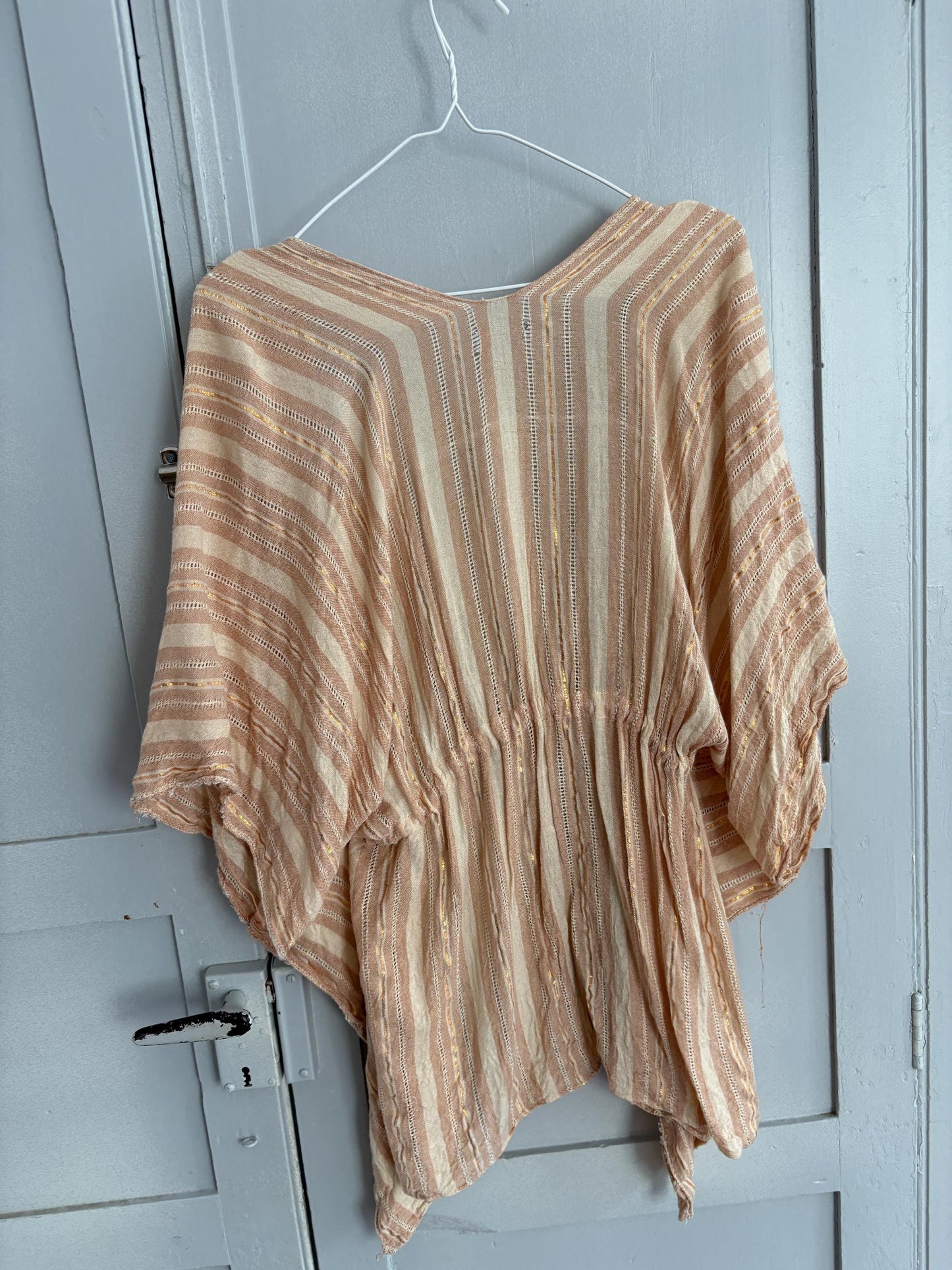 vintage striped boho tunic top romantic tie front blouse soft pink shimmer cottagecore layering piece