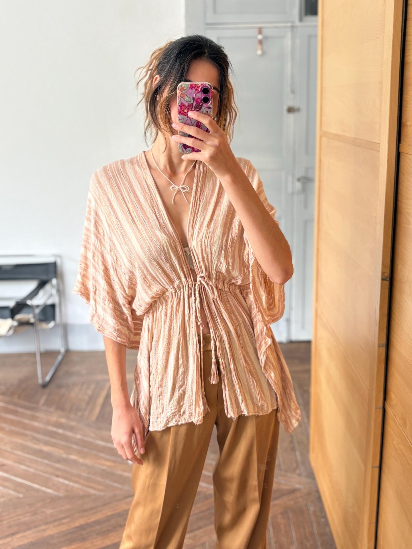 vintage striped boho tunic top romantic tie front blouse soft pink shimmer cottagecore layering piece