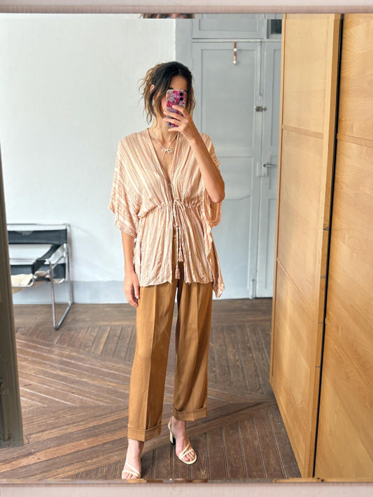 vintage striped boho tunic top romantic tie front blouse soft pink shimmer cottagecore layering piece