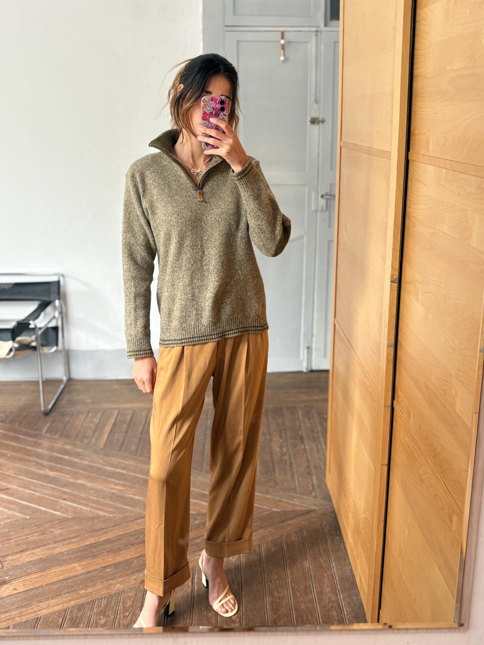 vintage wool zip sweater half zip pullover 80% wool olive green knit quiet luxury unisex classic layering piece