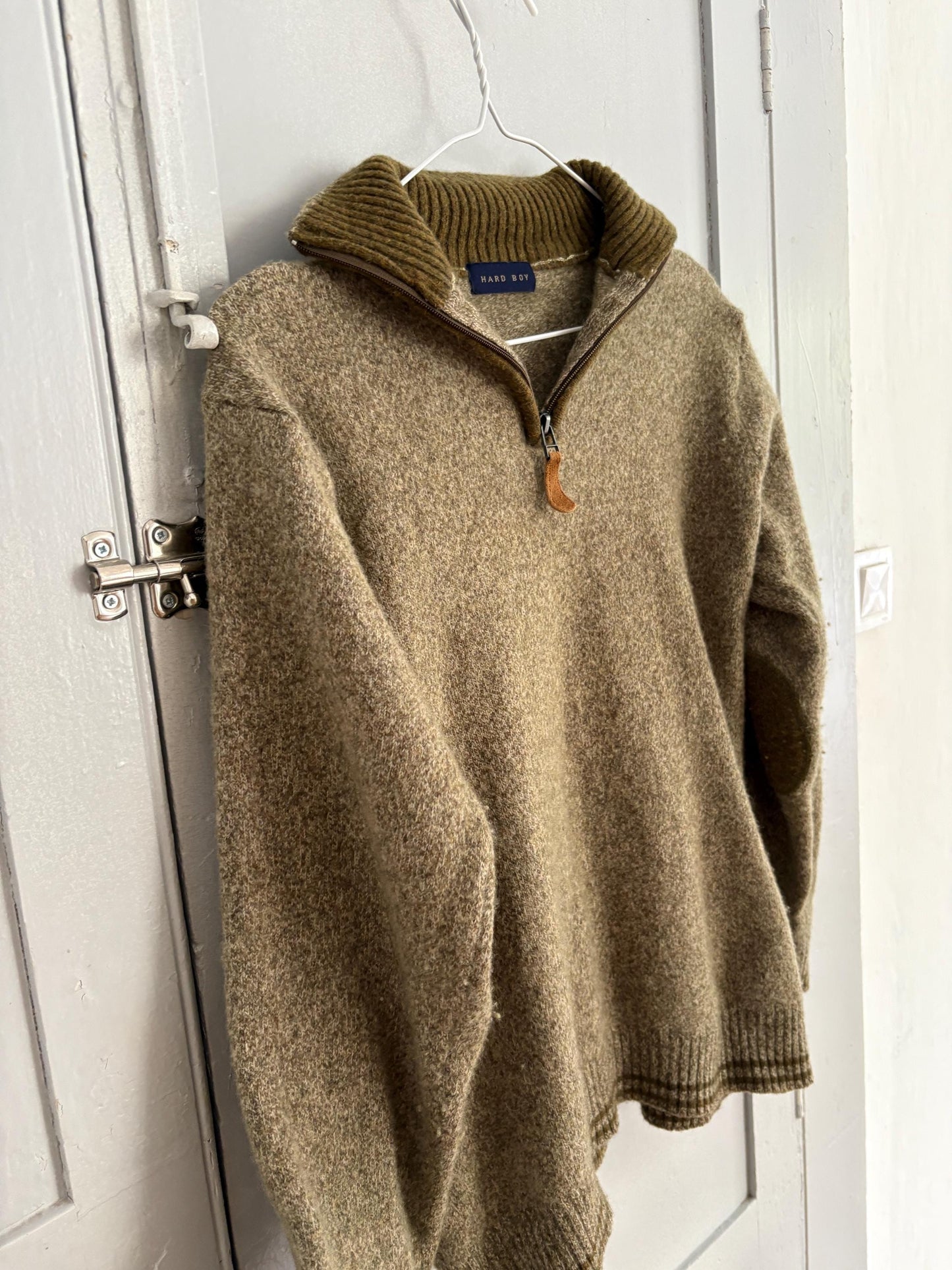 vintage wool zip sweater half zip pullover 80% wool olive green knit quiet luxury unisex classic layering piece