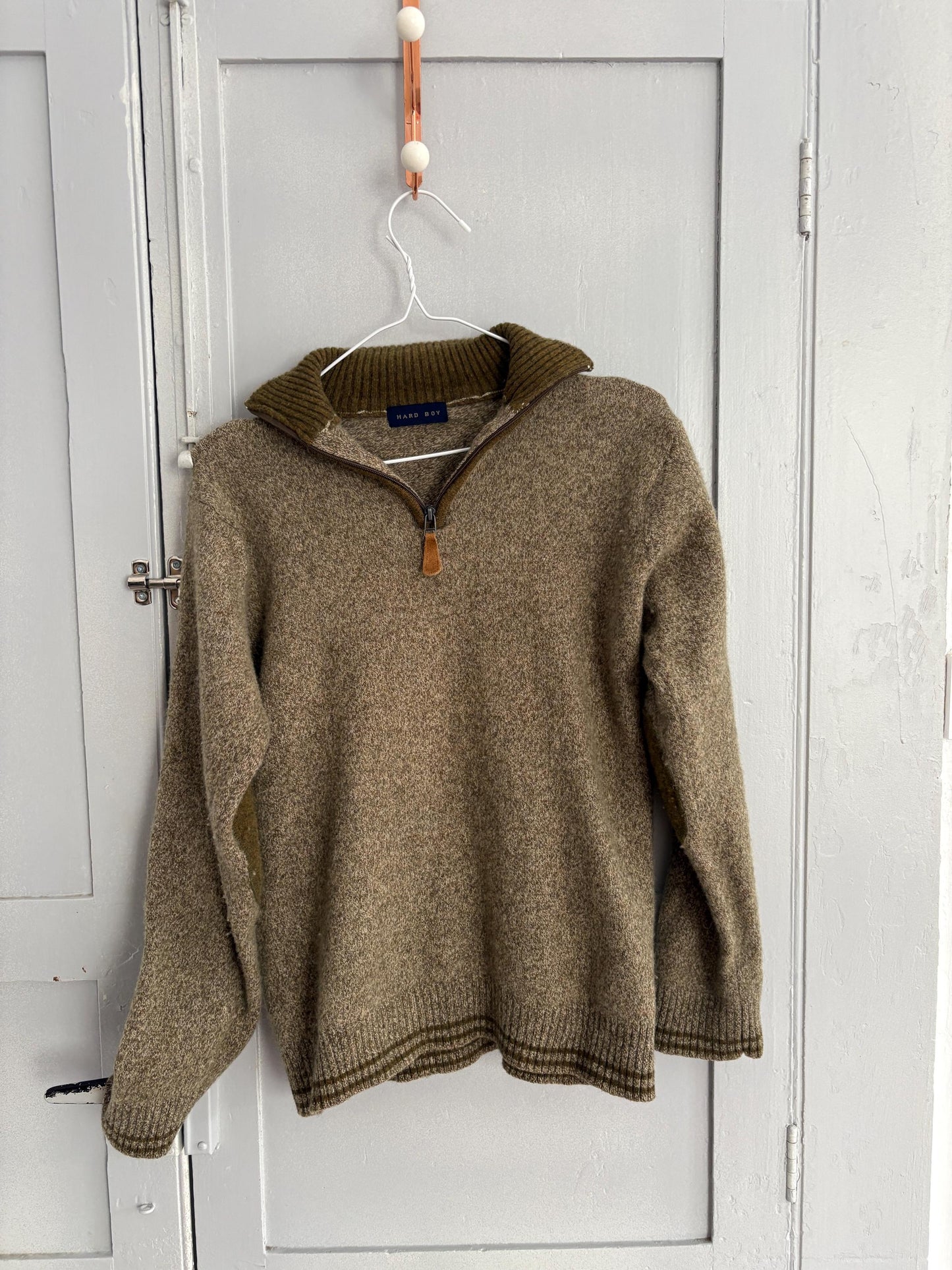 vintage wool zip sweater half zip pullover 80% wool olive green knit quiet luxury unisex classic layering piece