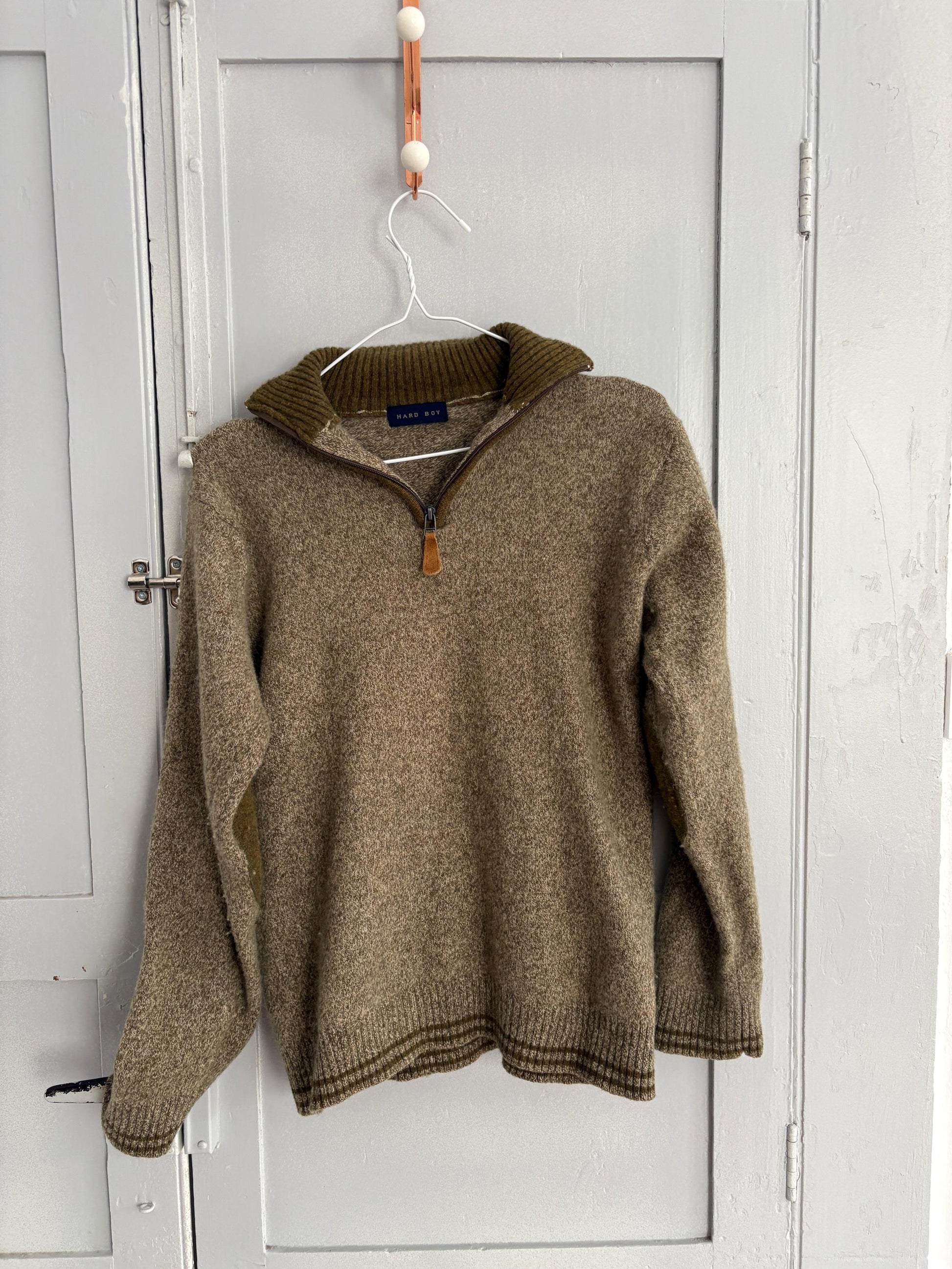 vintage wool zip sweater half zip pullover 80% wool olive green knit quiet luxury unisex classic layering piece