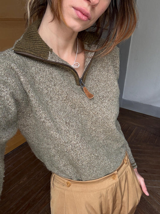 vintage wool zip sweater half zip pullover 80% wool olive green knit quiet luxury unisex classic layering piece