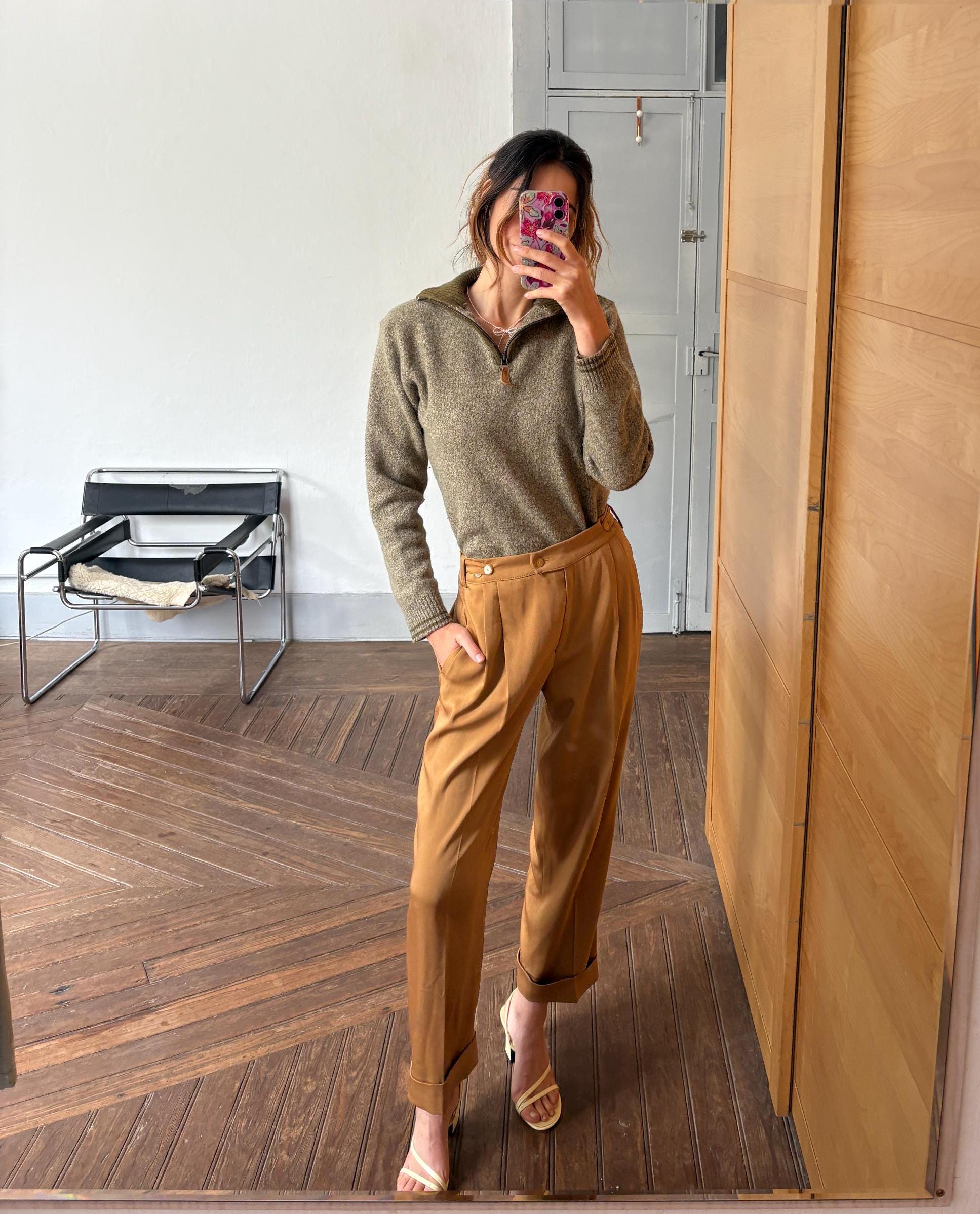 vintage wool zip sweater half zip pullover 80% wool olive green knit quiet luxury unisex classic layering piece