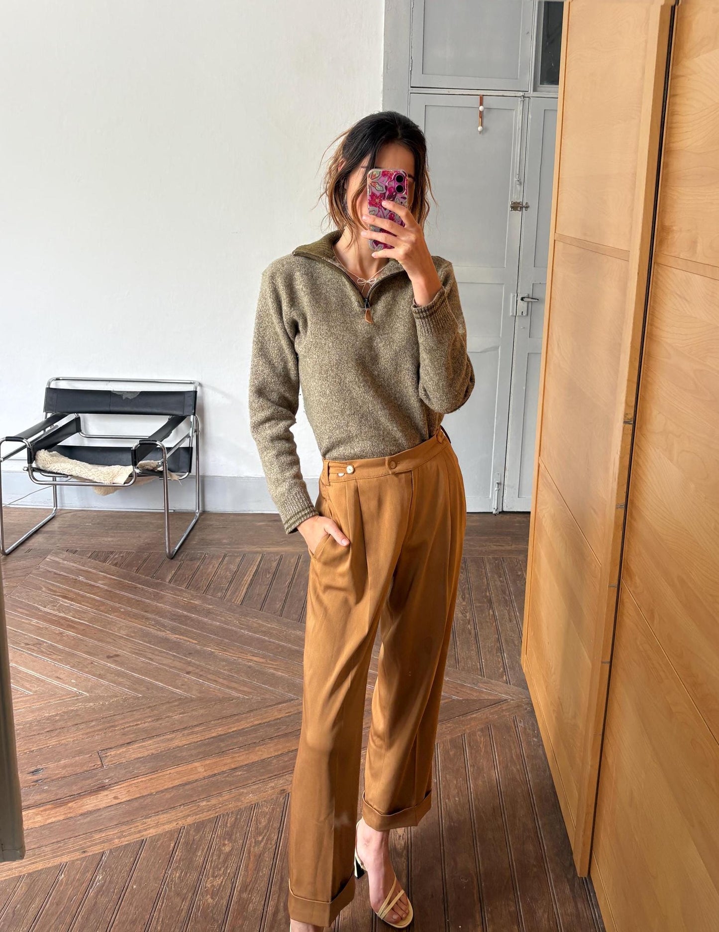 vintage wool zip sweater half zip pullover 80% wool olive green knit quiet luxury unisex classic layering piece