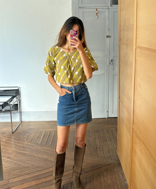 Vintage Cropped Woman Top – 70s Groovy Print, 100% Cotton, Boho Indie Retro Aesthetic