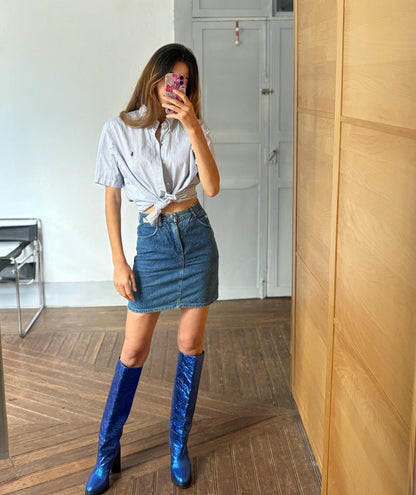 90s Oversized Stripe Button-Up Shirt — fabric close-up