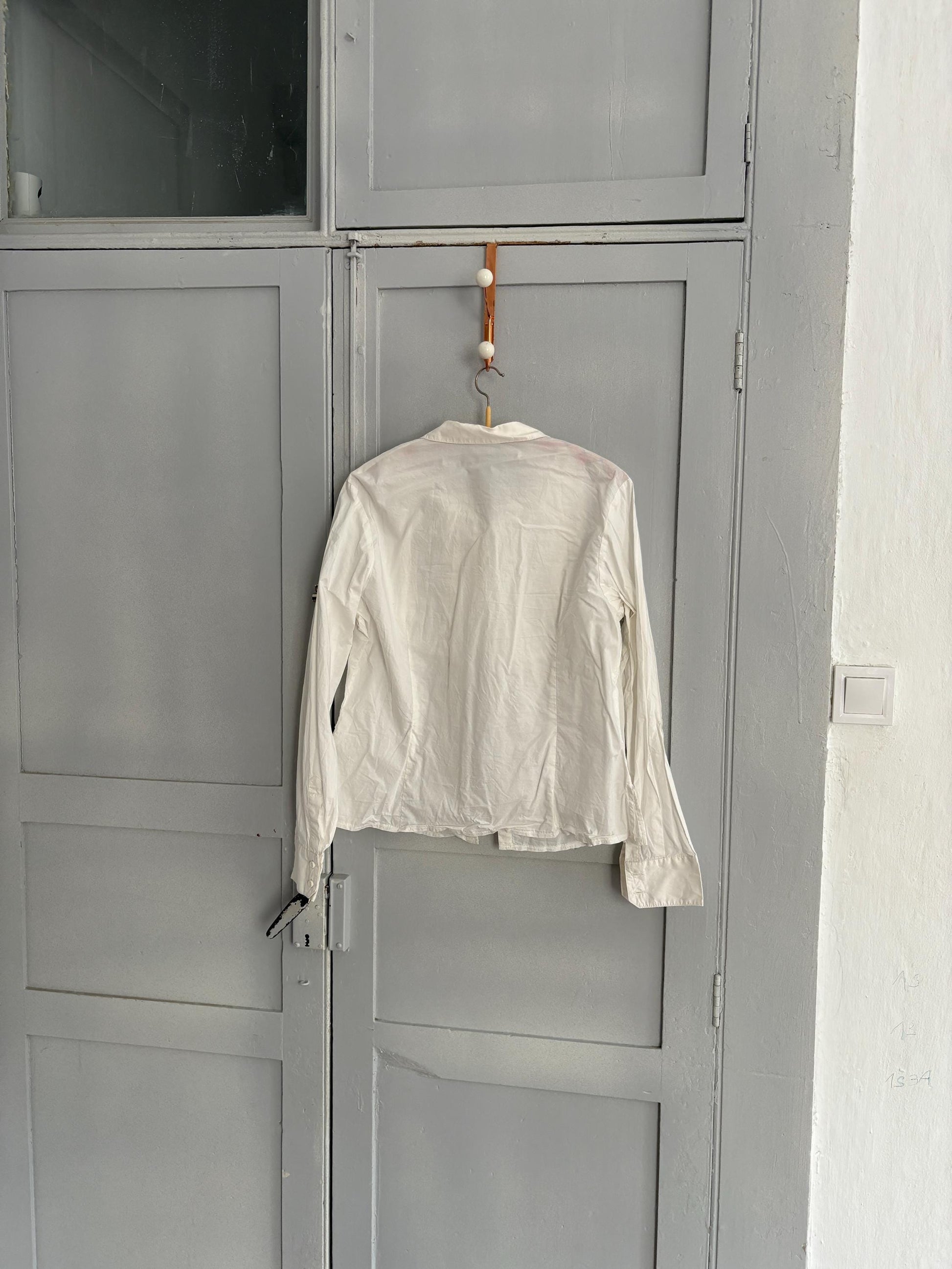 vintage white blouse pleated front romantic shirt long sleeve minimalist top button down EU 40 US M