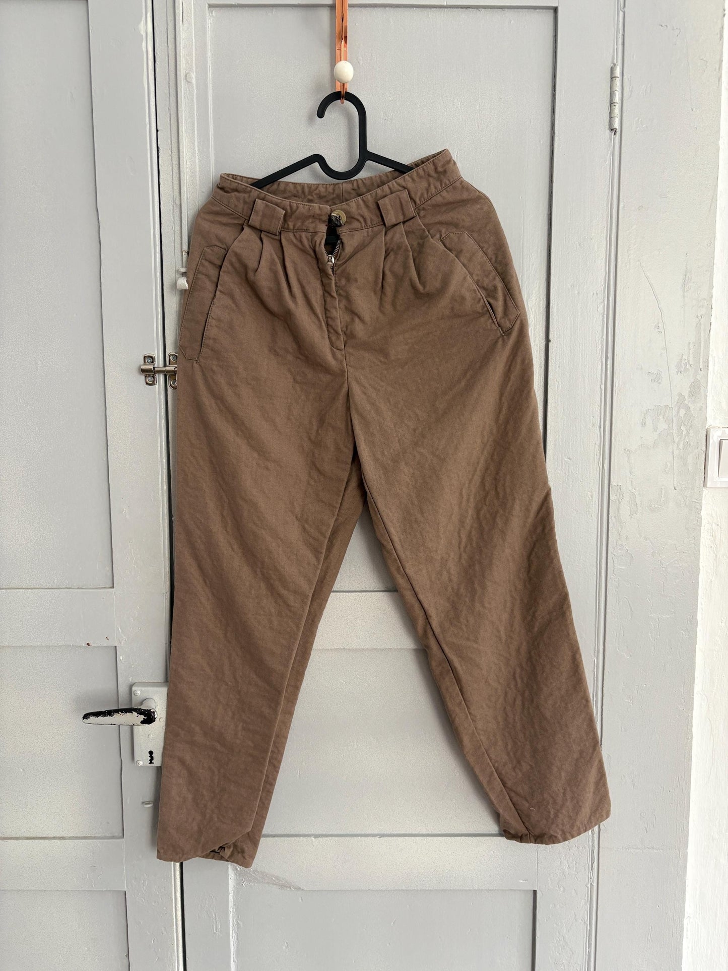 True Vintage Brown Cotton Trousers, Handmade Cottagecore Fit with Pleats & Tapered Leg, Unique antique pants