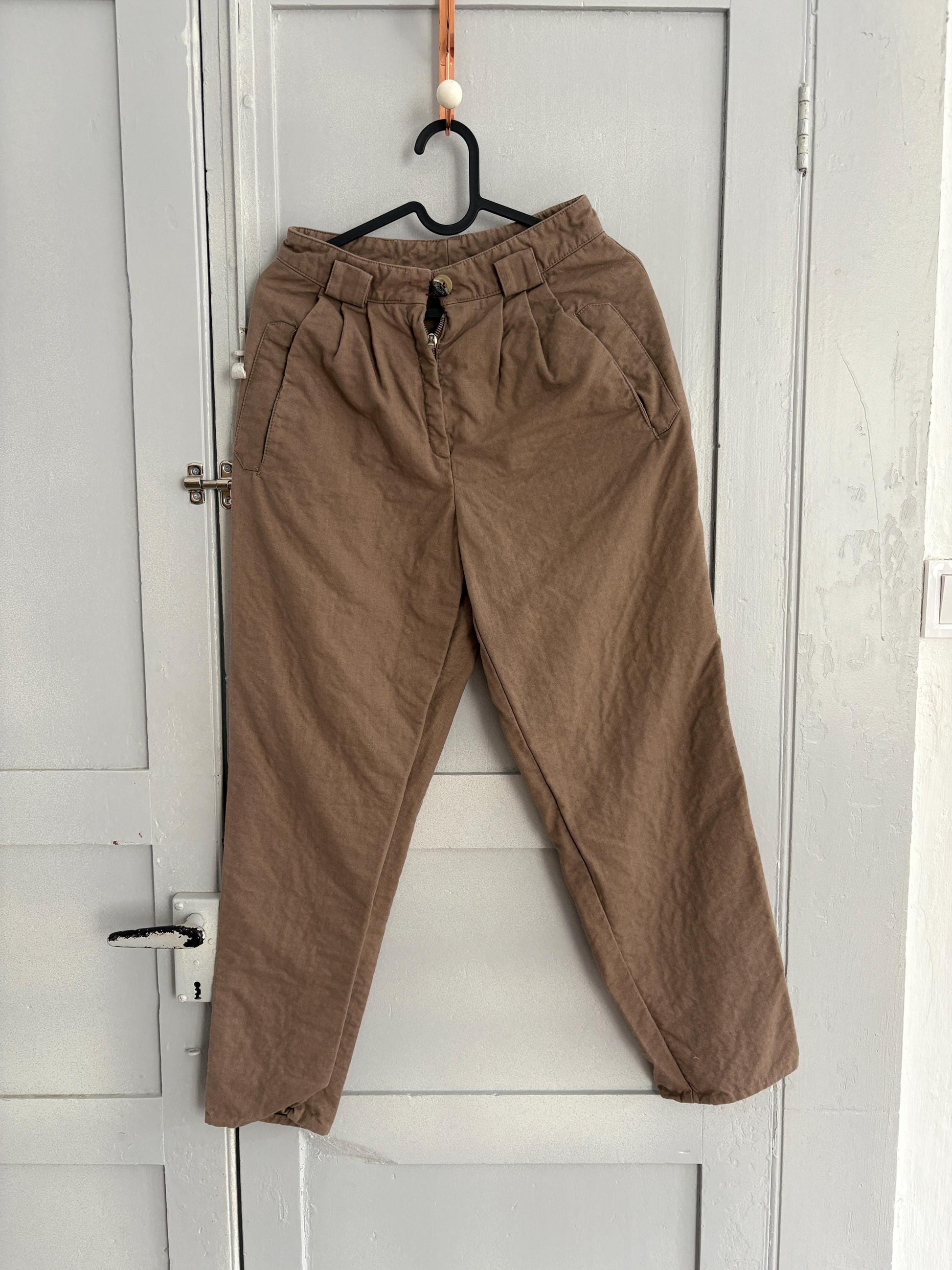 True Vintage Brown Cotton Trousers, Handmade Cottagecore Fit with Pleats & Tapered Leg, Unique antique pants