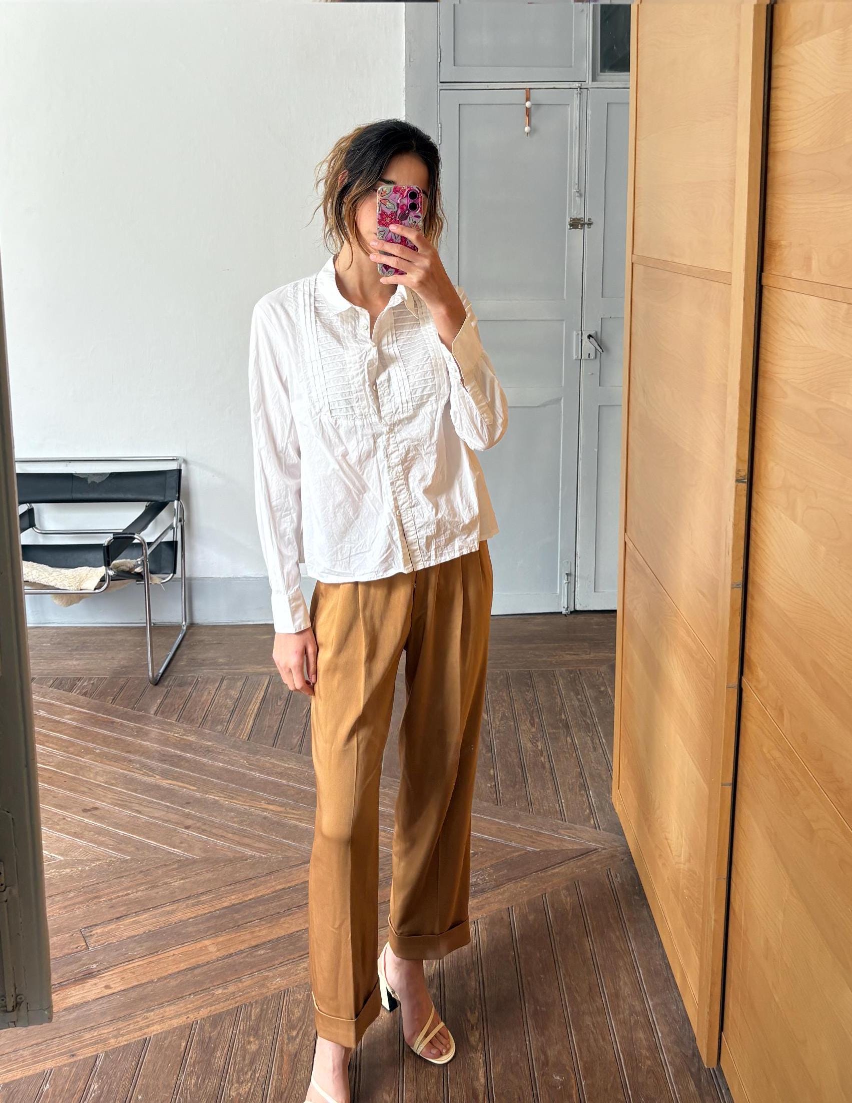 vintage white blouse pleated front romantic shirt long sleeve minimalist top button down EU 40 US M