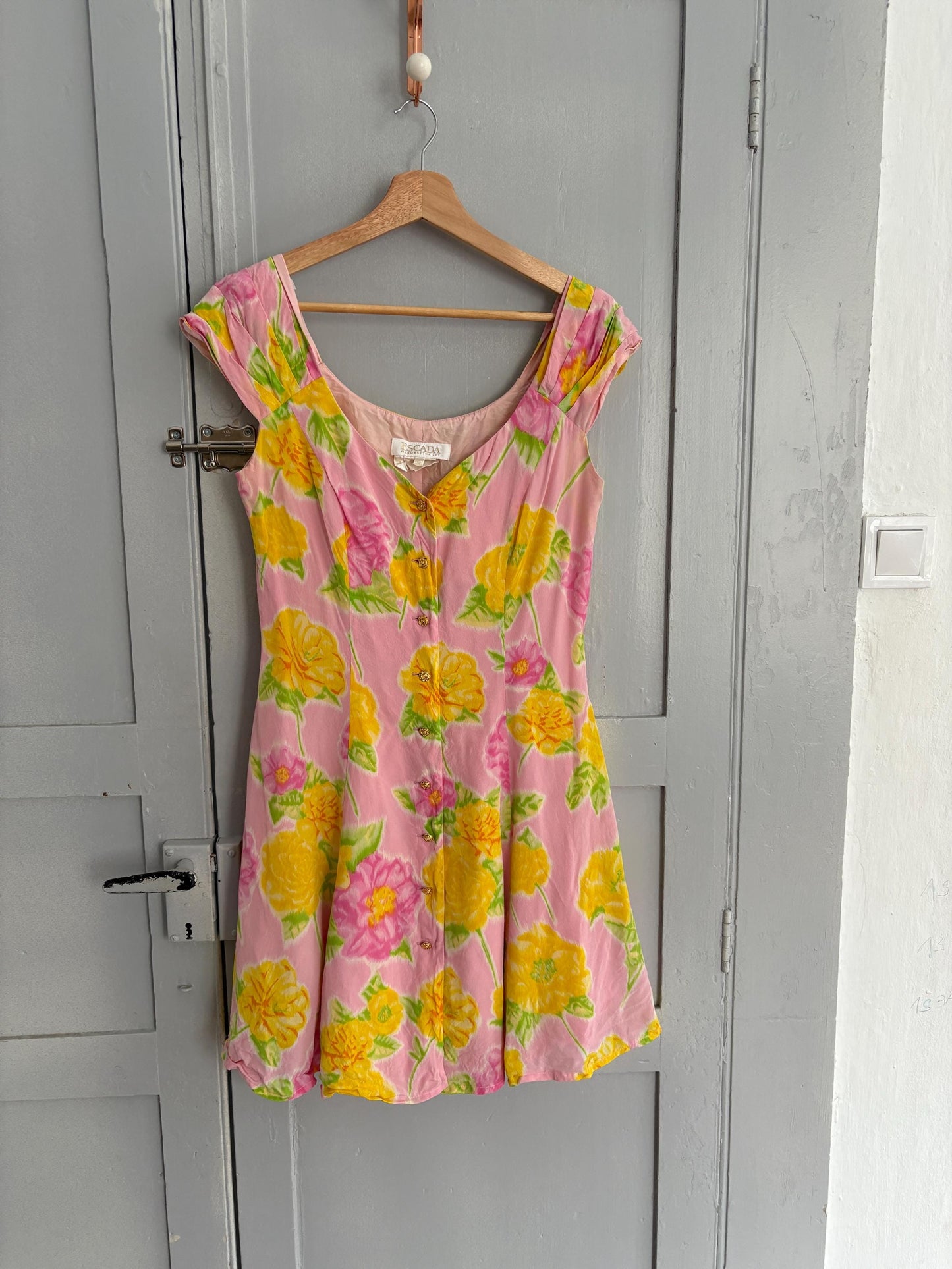 Vintage Escada Silk Floral Mini Dress – 1990s Designer Pink Summer Romance outfit, Luxury wedding short guest dress