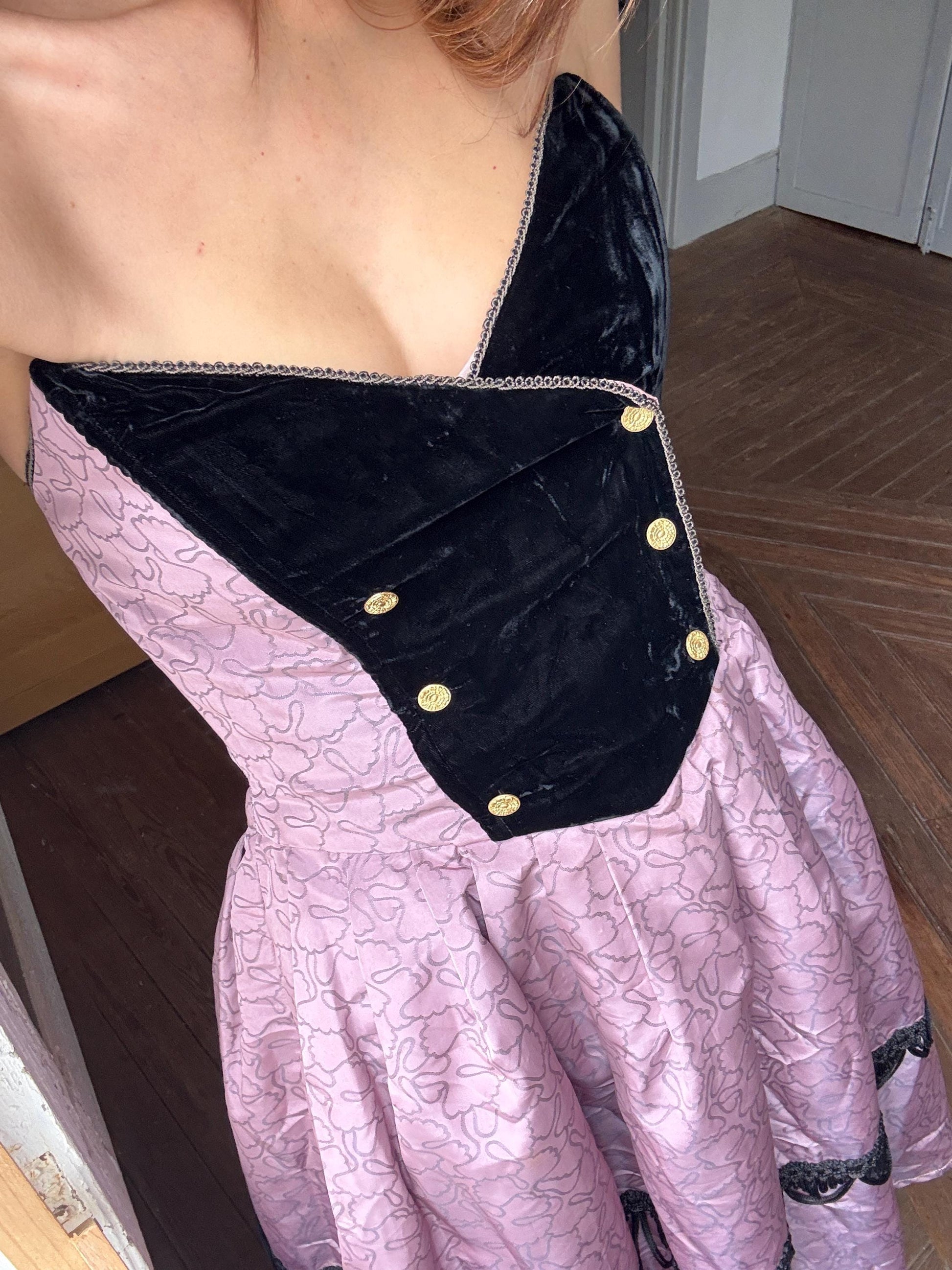 Vintage Spanish designer unique Paco Guzman Strapless Velvet & Satin Dress – Gothic Rococo Inspired outfit, Purple and black velvet costume