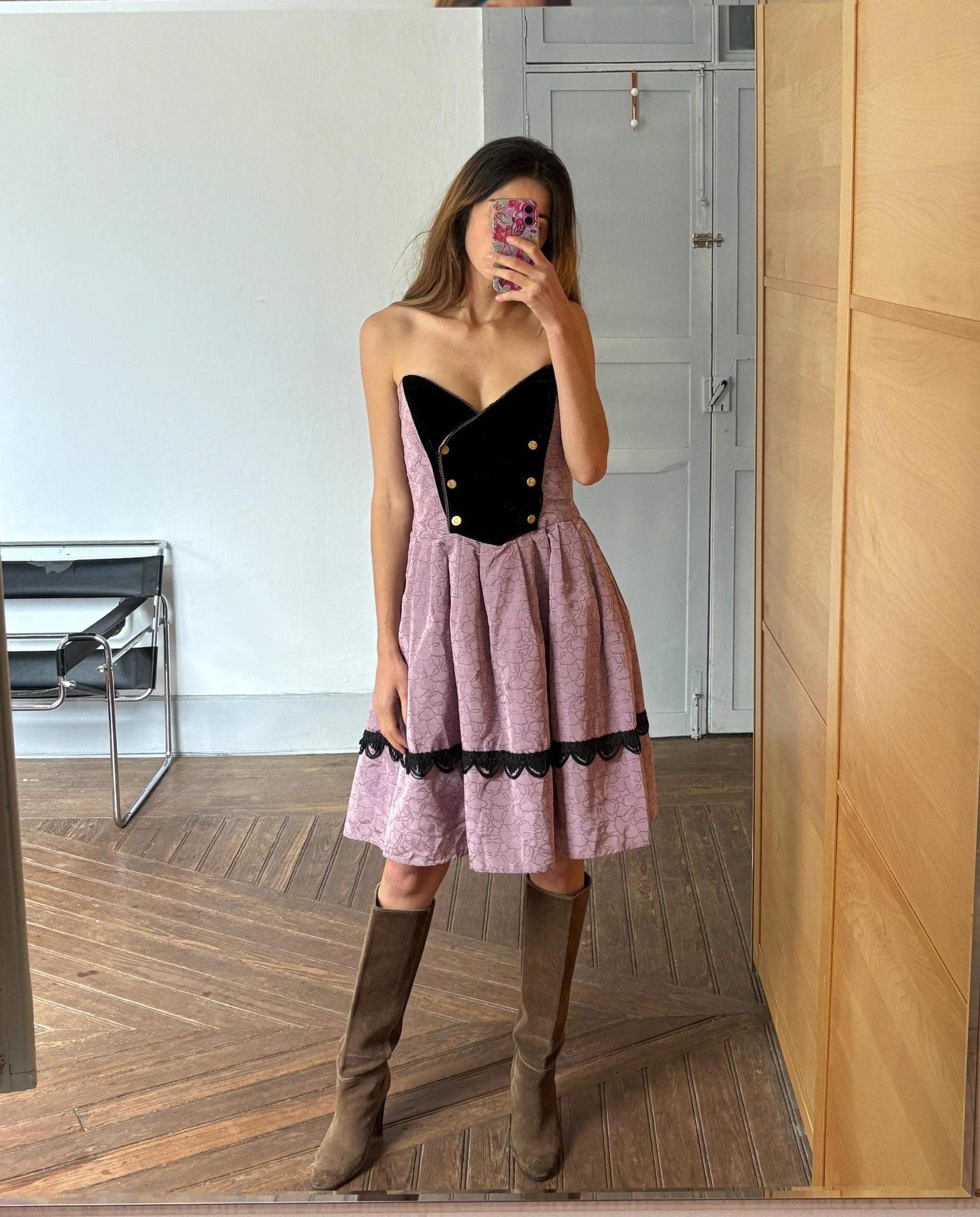 Vintage Spanish designer unique Paco Guzman Strapless Velvet & Satin Dress – Gothic Rococo Inspired outfit, Purple and black velvet costume