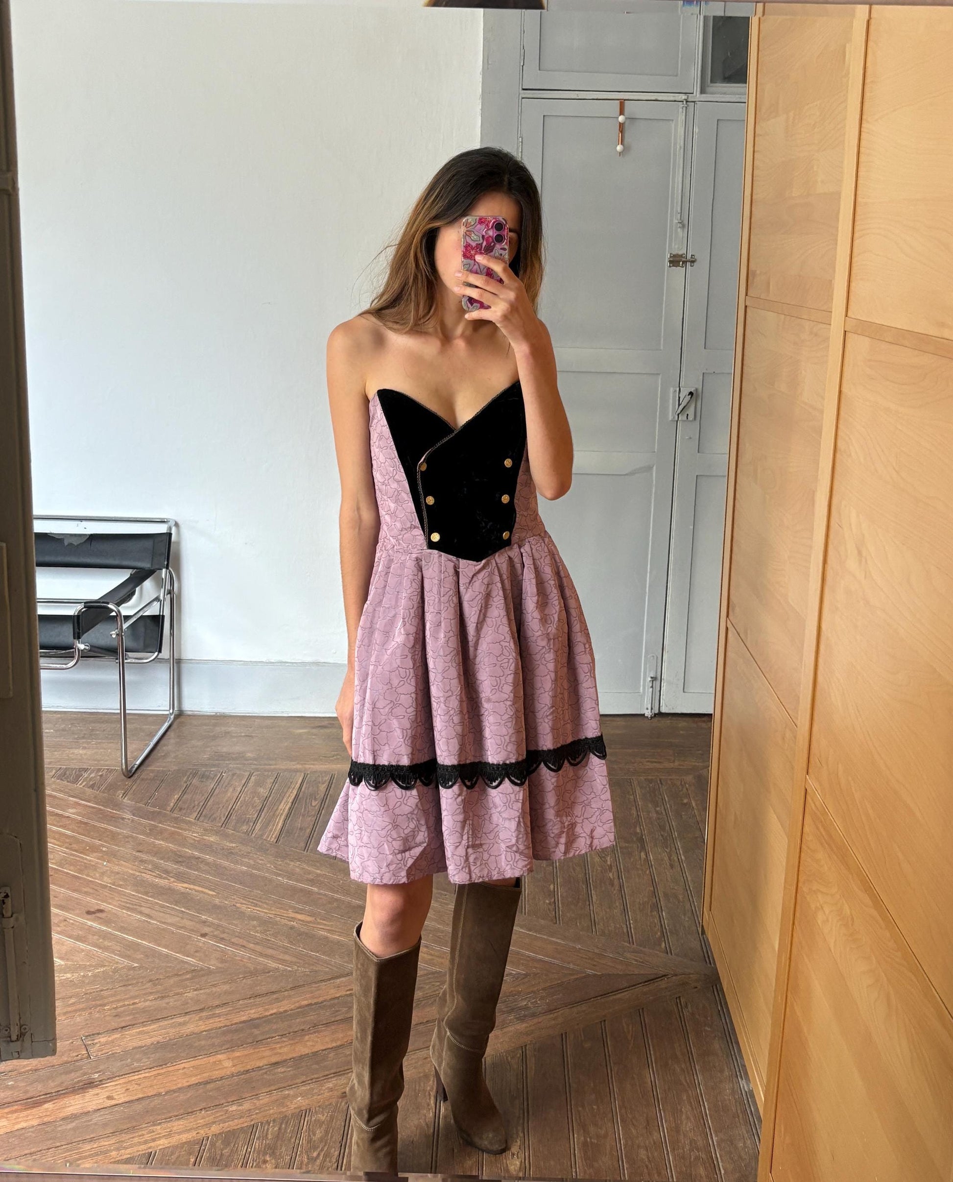 Vintage Spanish designer unique Paco Guzman Strapless Velvet & Satin Dress – Gothic Rococo Inspired outfit, Purple and black velvet costume