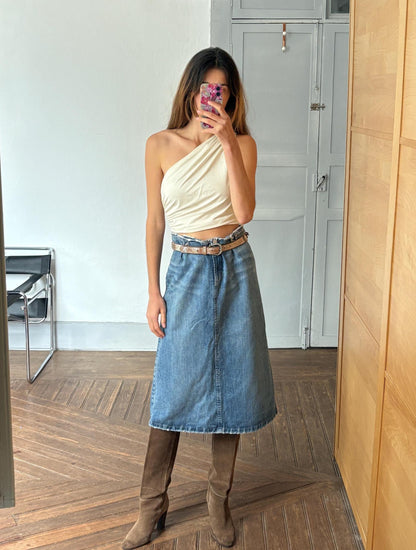 Vintage High-Waist Denim Midi Skirt — back view