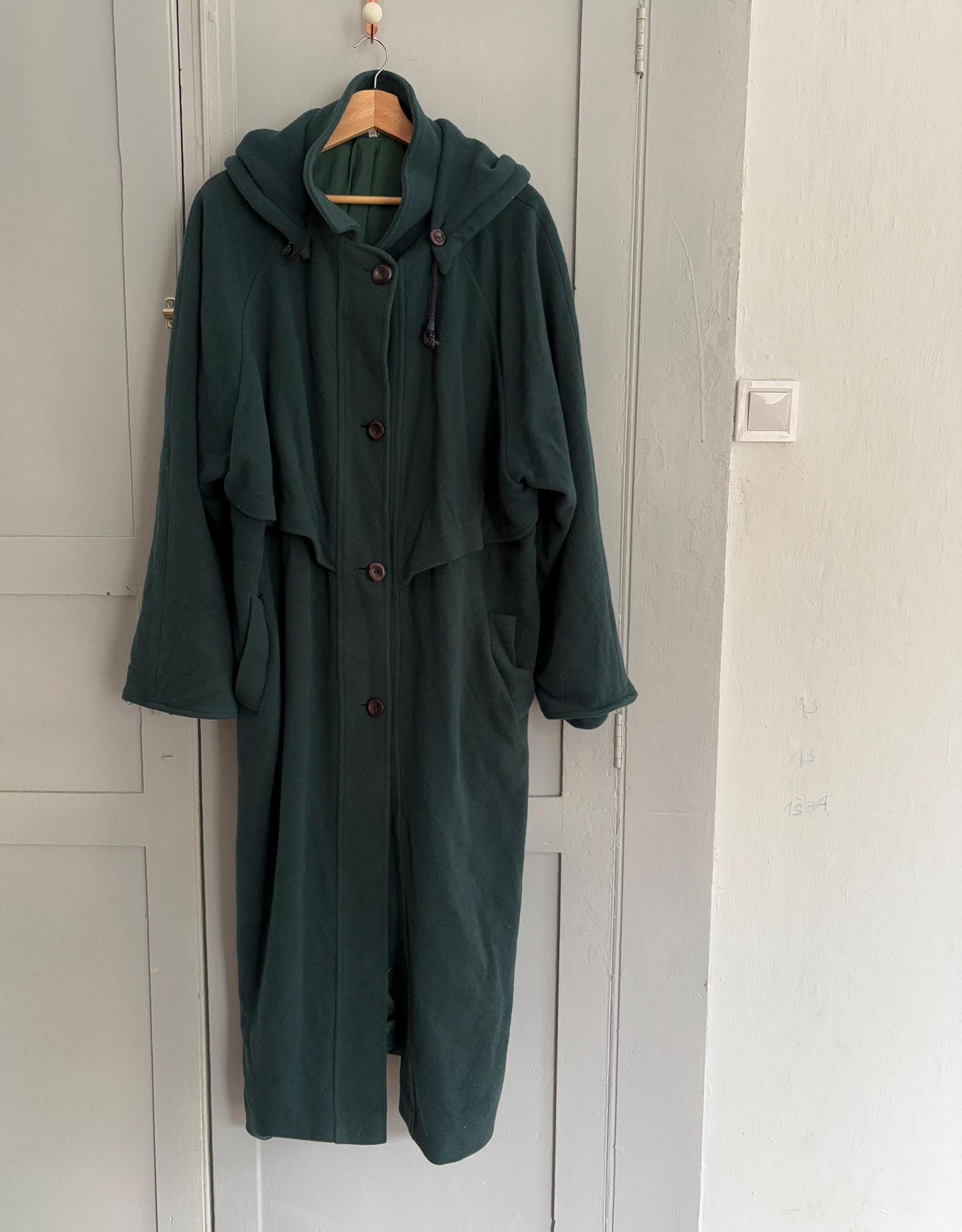 Vintage Dark Green Wool Long Coat – Hooded & Oversized Winter Coat, 90s Dark Academia Aesthetic, UK Made