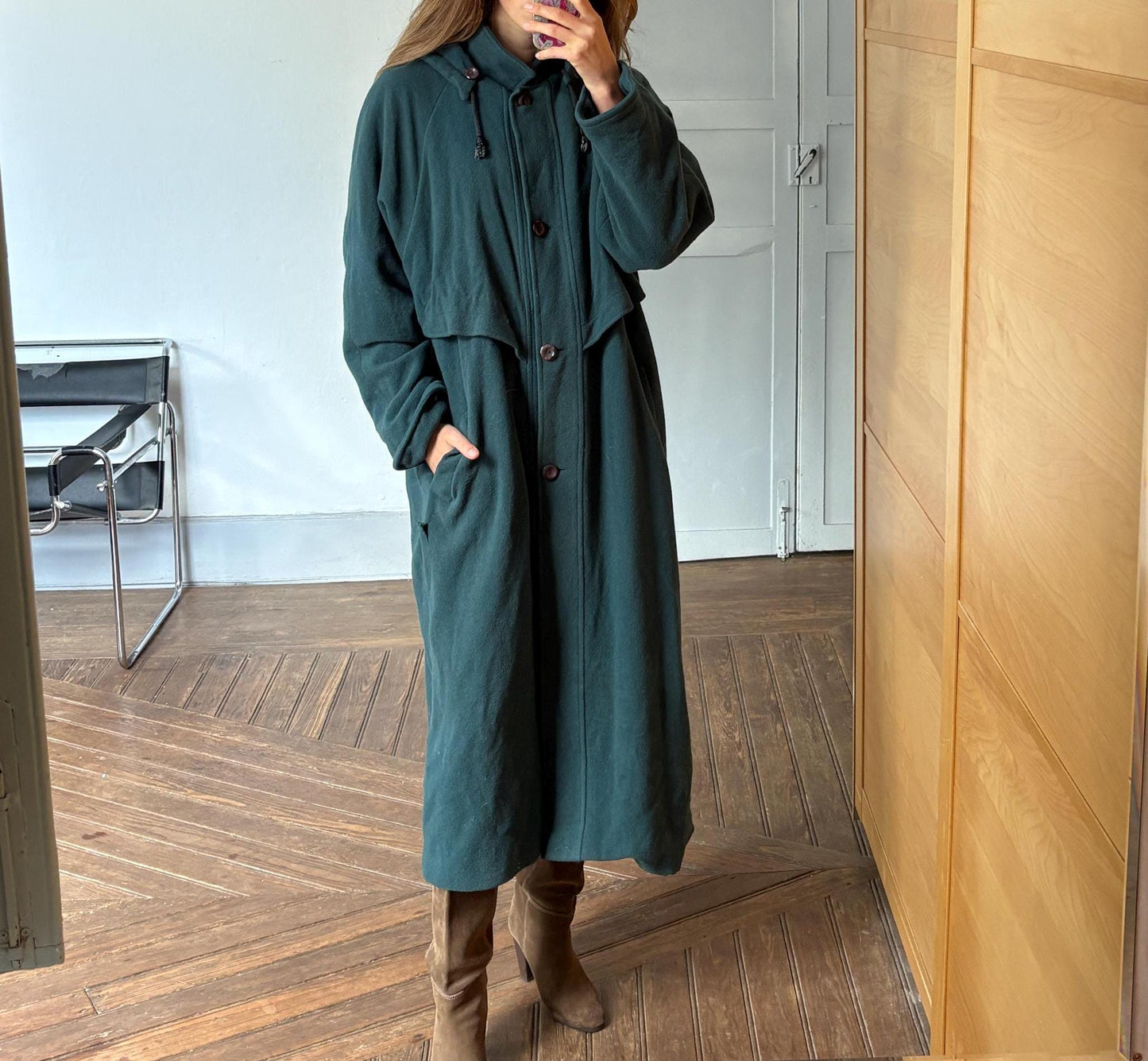 Vintage Dark Green Wool Long Coat – Hooded & Oversized Winter Coat, 90s Dark Academia Aesthetic, UK Made