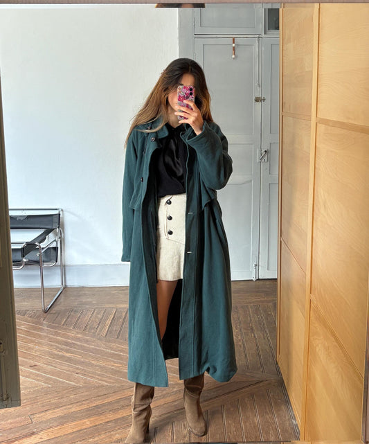 Vintage Dark Green Wool Long Coat – Hooded & Oversized Winter Coat, 90s Dark Academia Aesthetic, UK Made