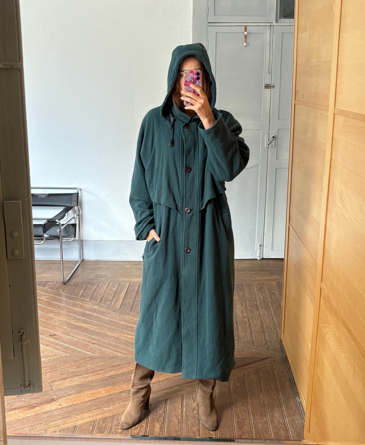 Vintage Dark Green Wool Long Coat – Hooded & Oversized Winter Coat, 90s Dark Academia Aesthetic, UK Made