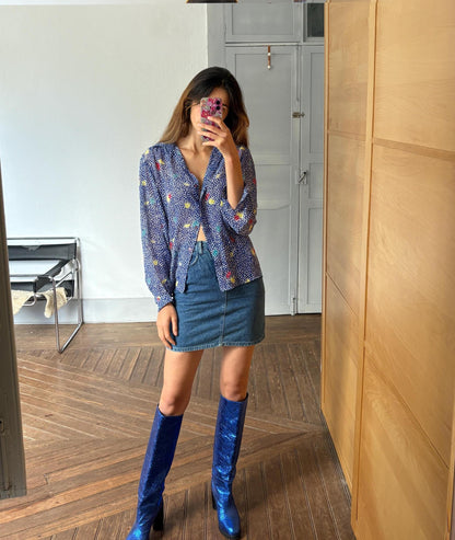 Blue Floral Sheer Blouse Vintage Serge Nancel Paris