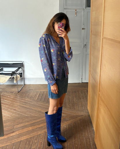 Blue Floral Sheer Blouse Vintage Serge Nancel Paris