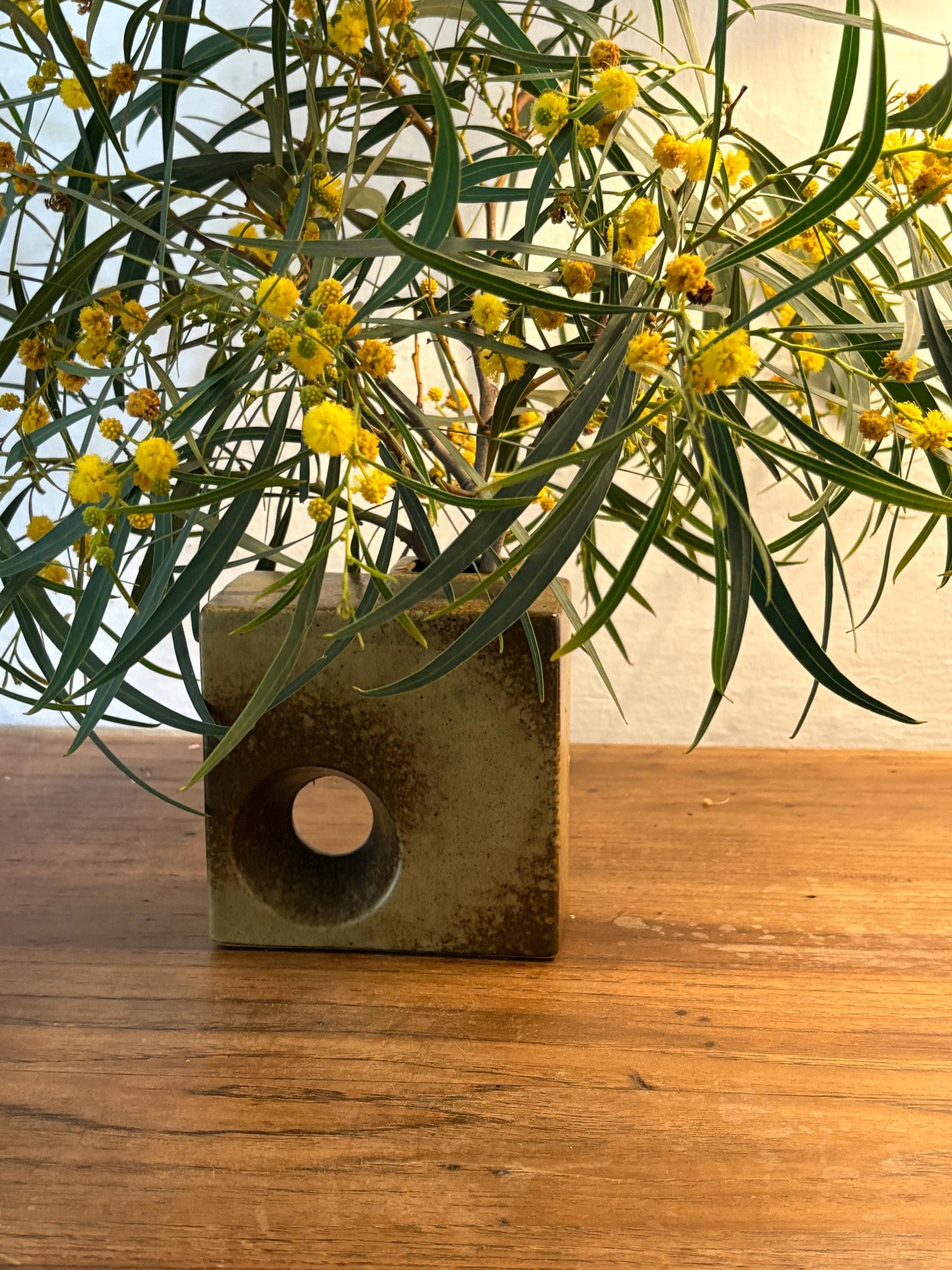Vintage Vase with Hole – Sculptural Ceramic Cube Design in Earthy Glaze