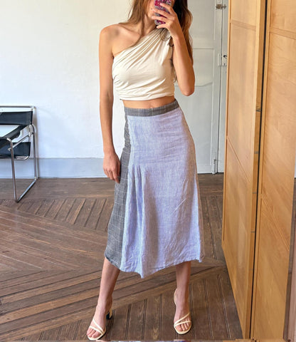 Vintage Blue Wool Linen Midi Skirt — detail