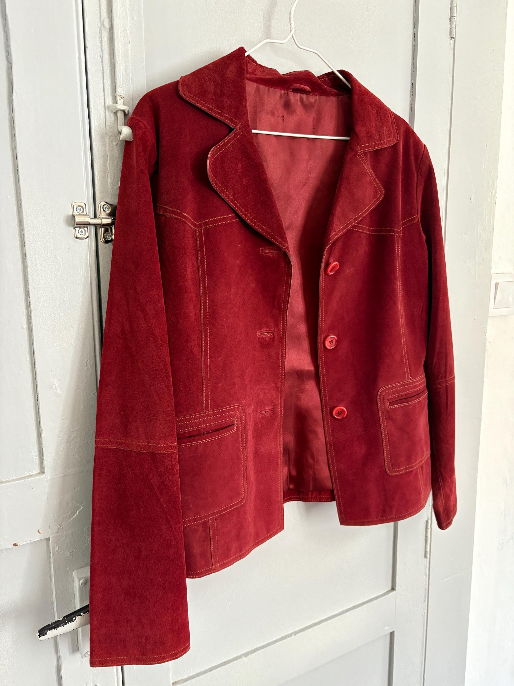 Vintage Dark Red Suede Pig Leather Jacket, Oversized 90s Blazer, Button-Up Suede Coat,