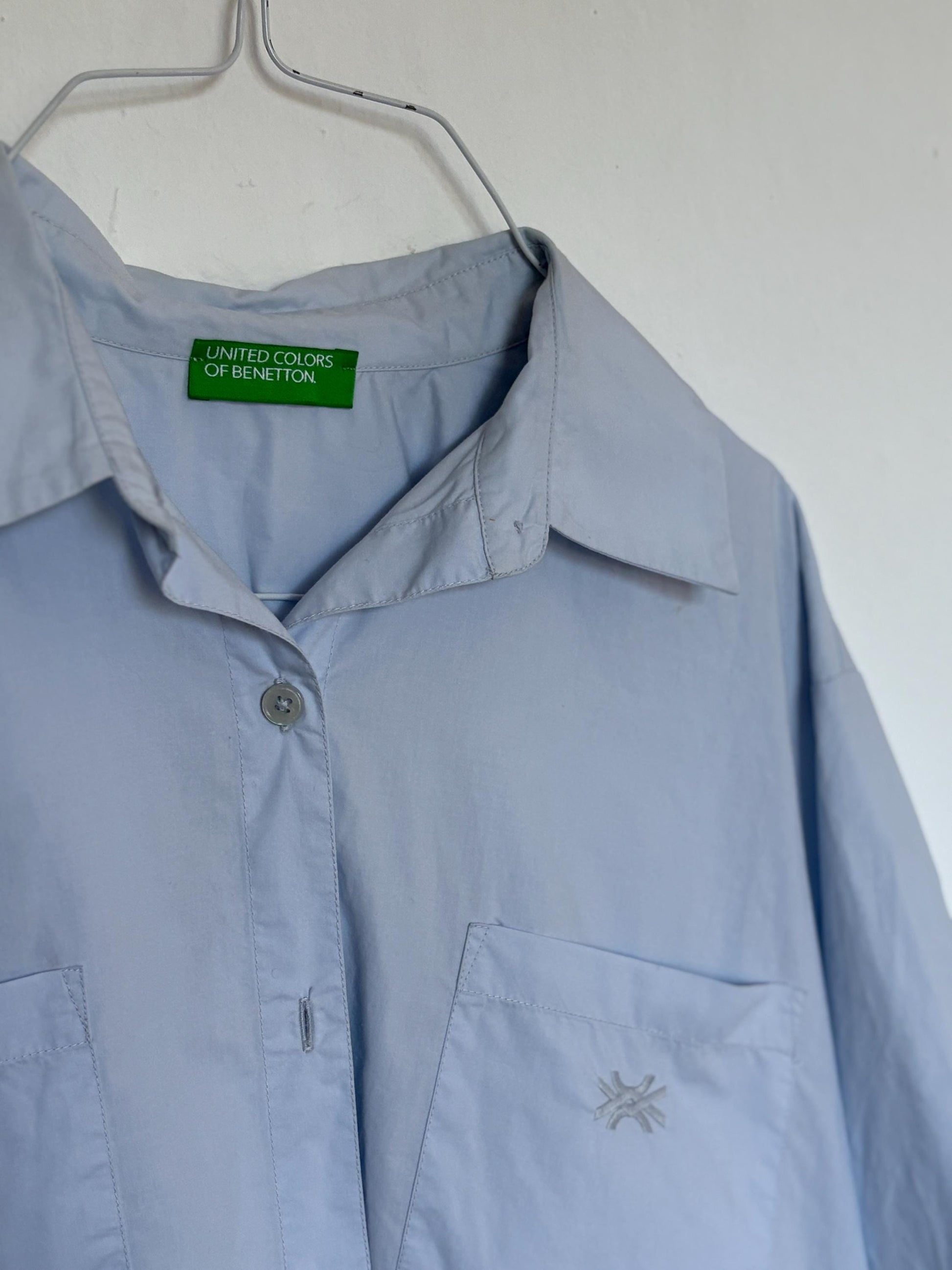 Vintage United Colors of Benetton cropped shirt, Oversized button down light blue crisp woman blouse