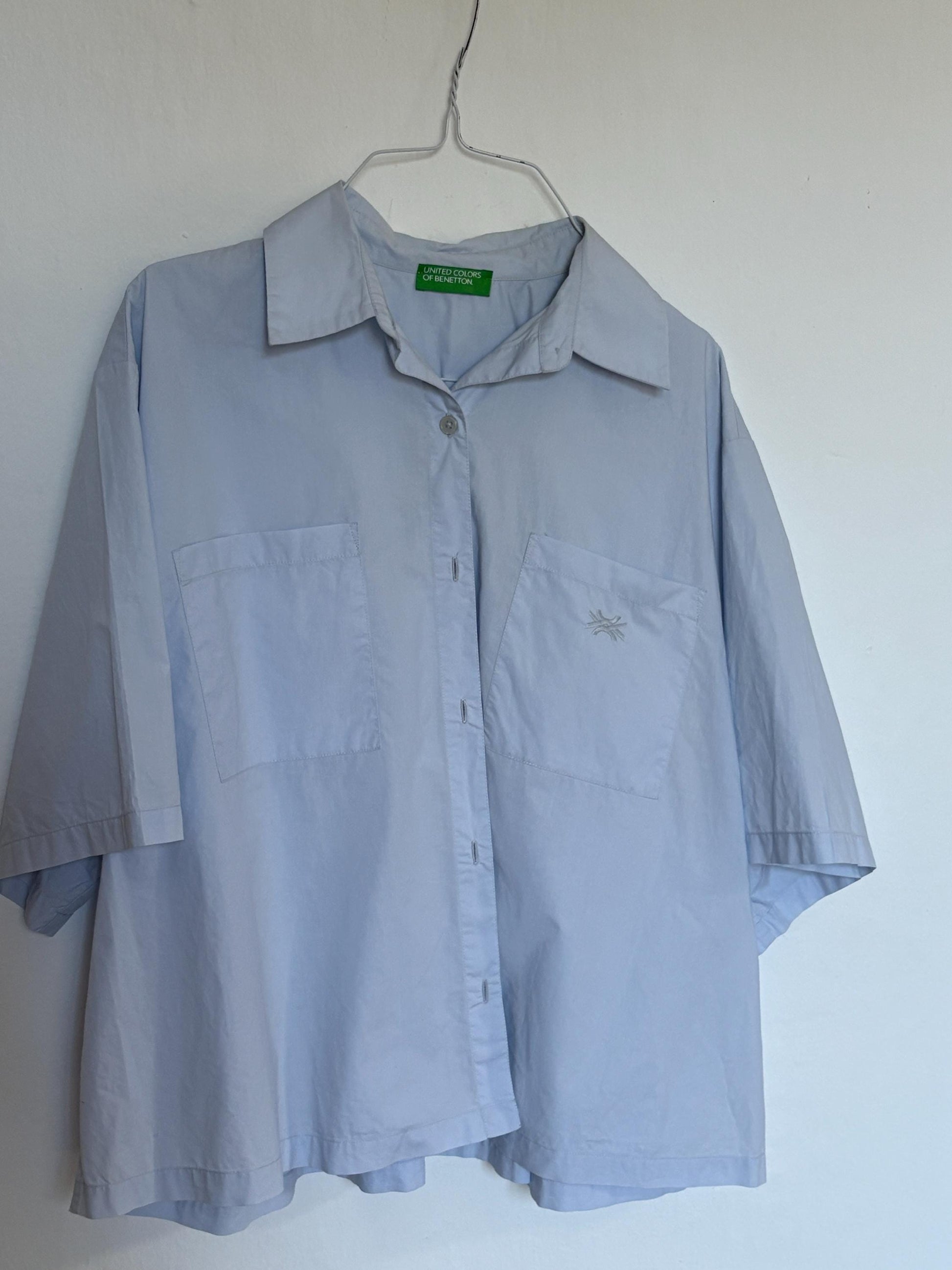 Vintage United Colors of Benetton cropped shirt, Oversized button down light blue crisp woman blouse