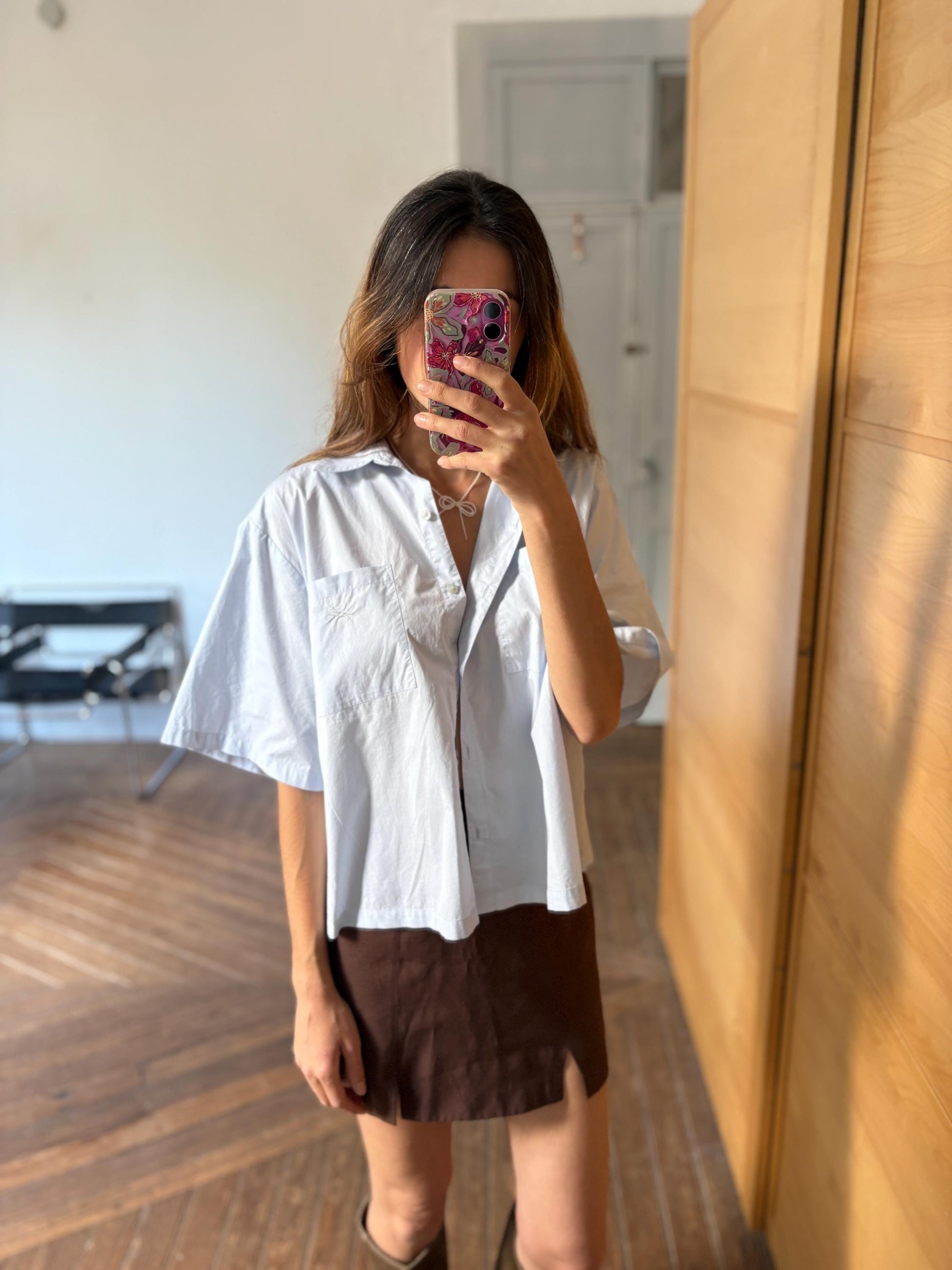 Vintage United Colors of Benetton cropped shirt, Oversized button down light blue crisp woman blouse