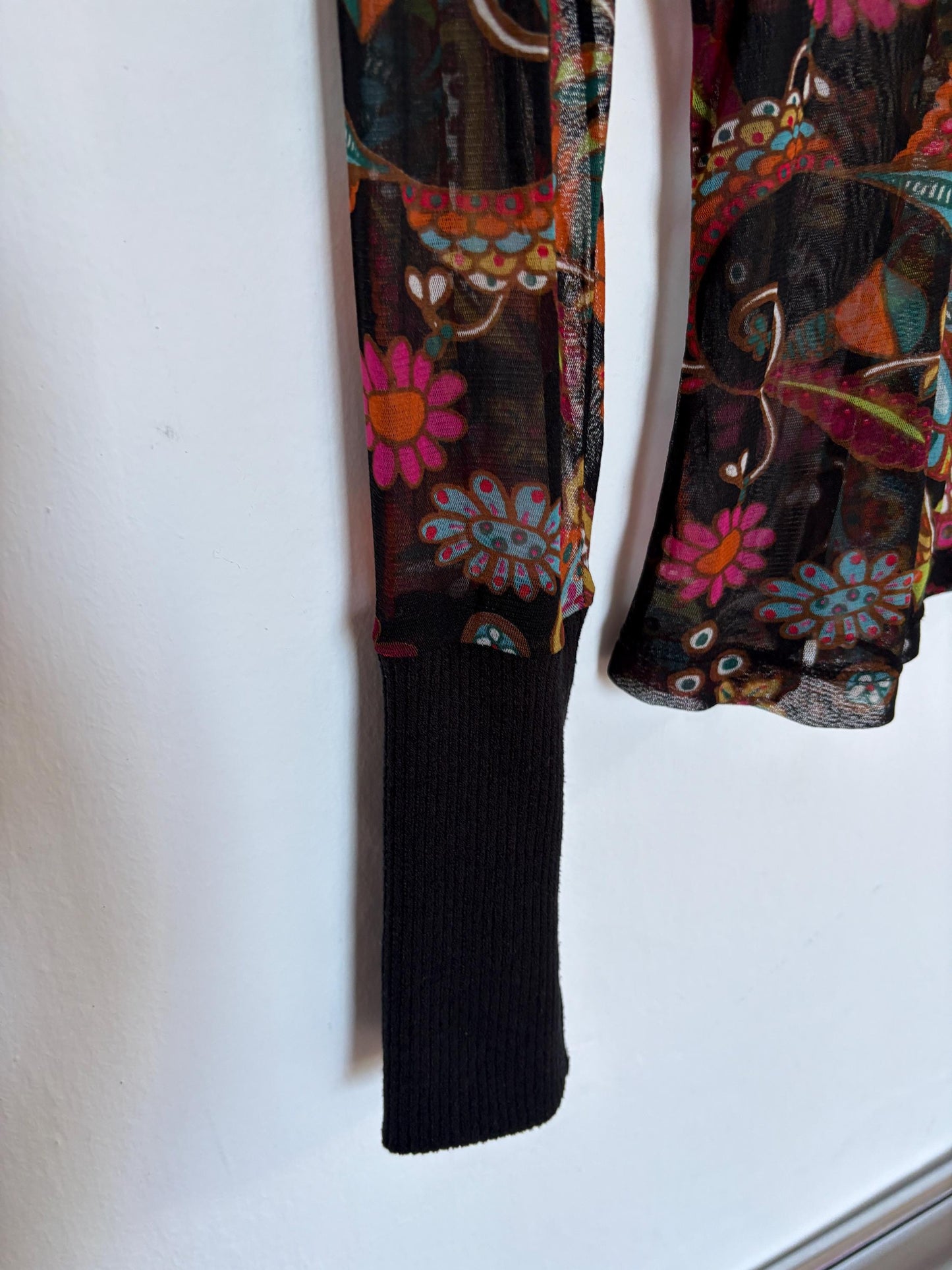 Vintage SHEER long sleeve top, Sexy autumn floral mesh shirt, See through Say t shirt, Size S